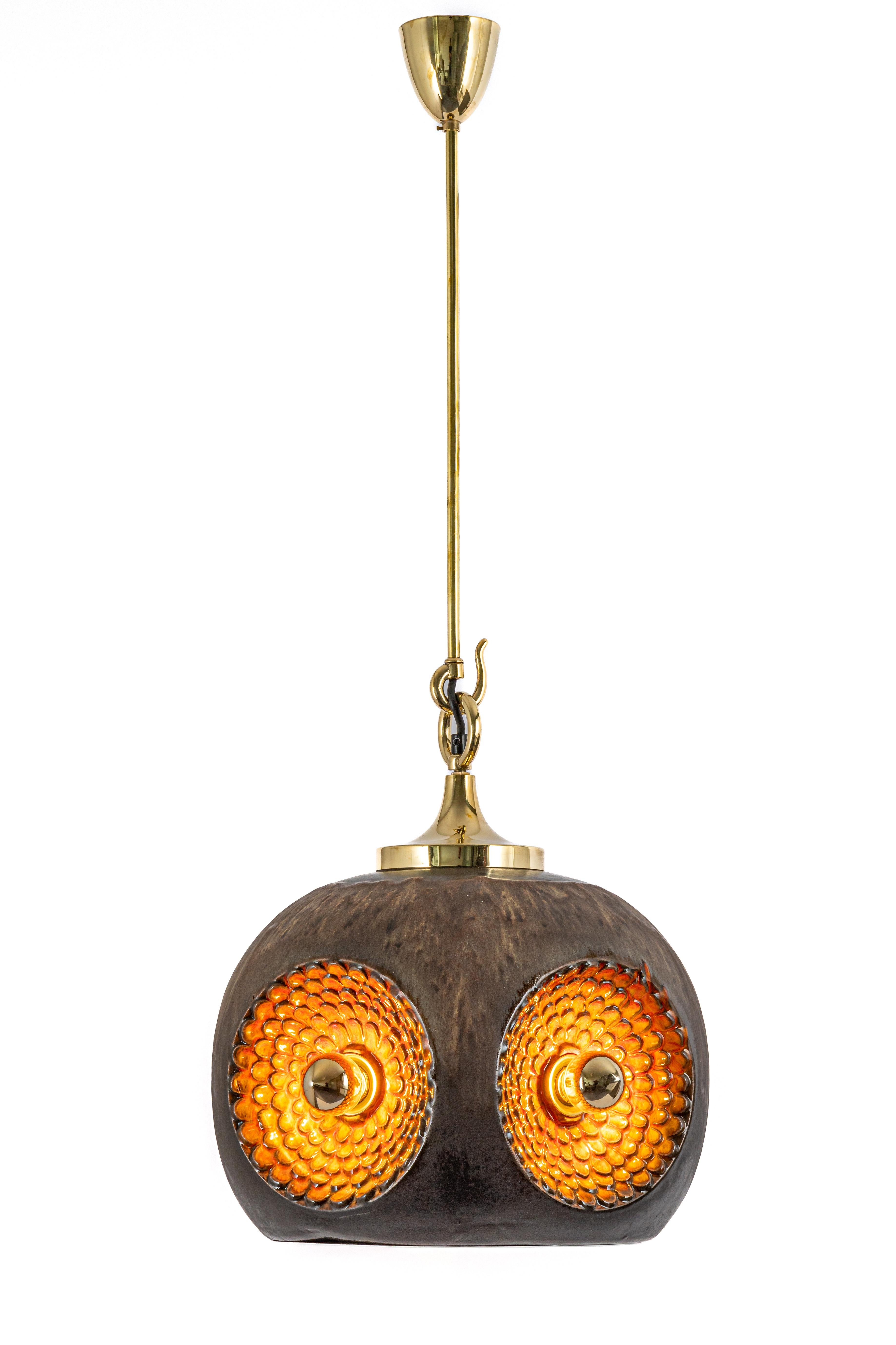 1 of 3 Ceramic Brown and Orange Pendant Lights Sputnik, Germany, 1970s For Sale 1