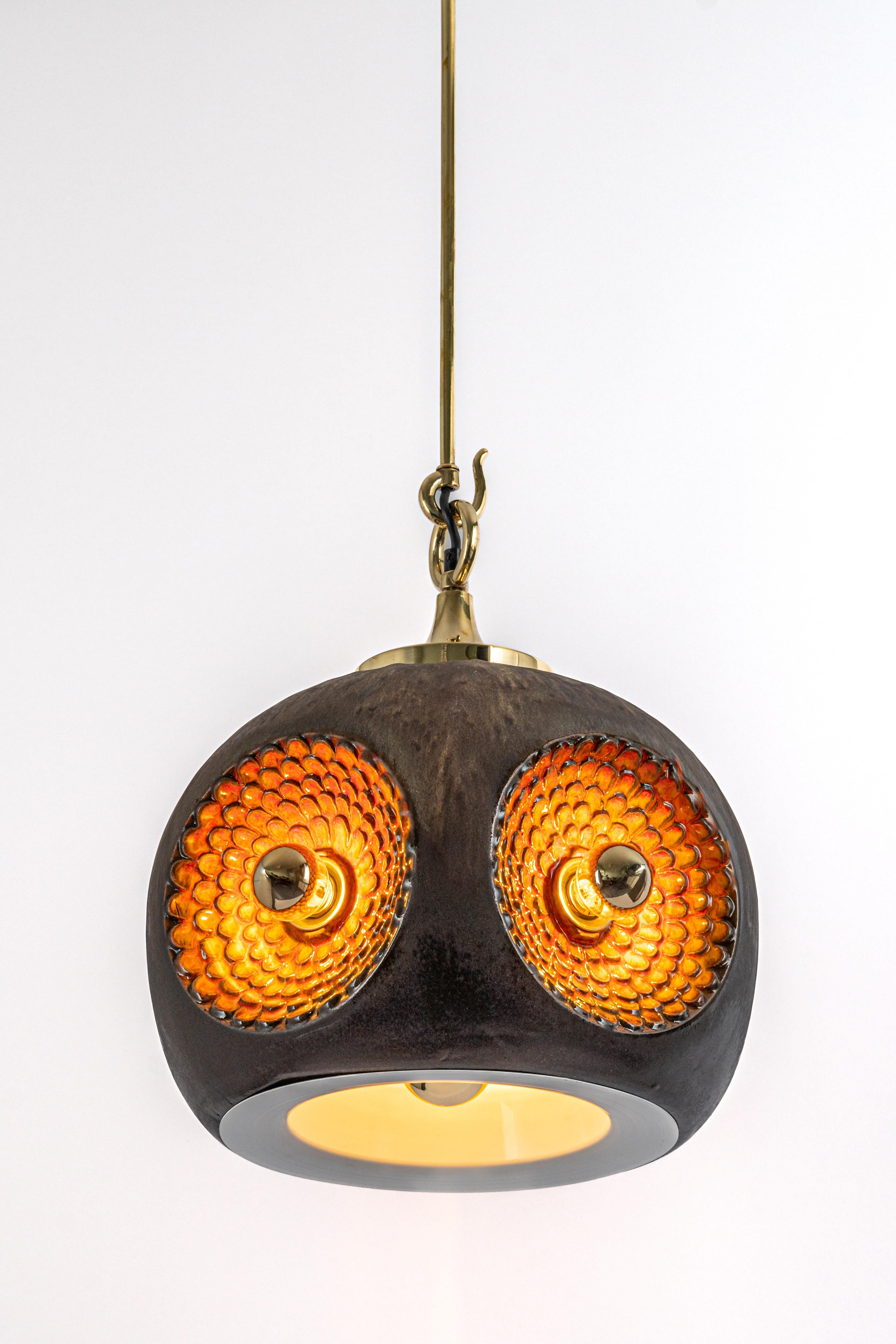 1 des 3 lampes à suspension en céramique marron et orange Spoutnik, Allemagne, 1970 en vente 1