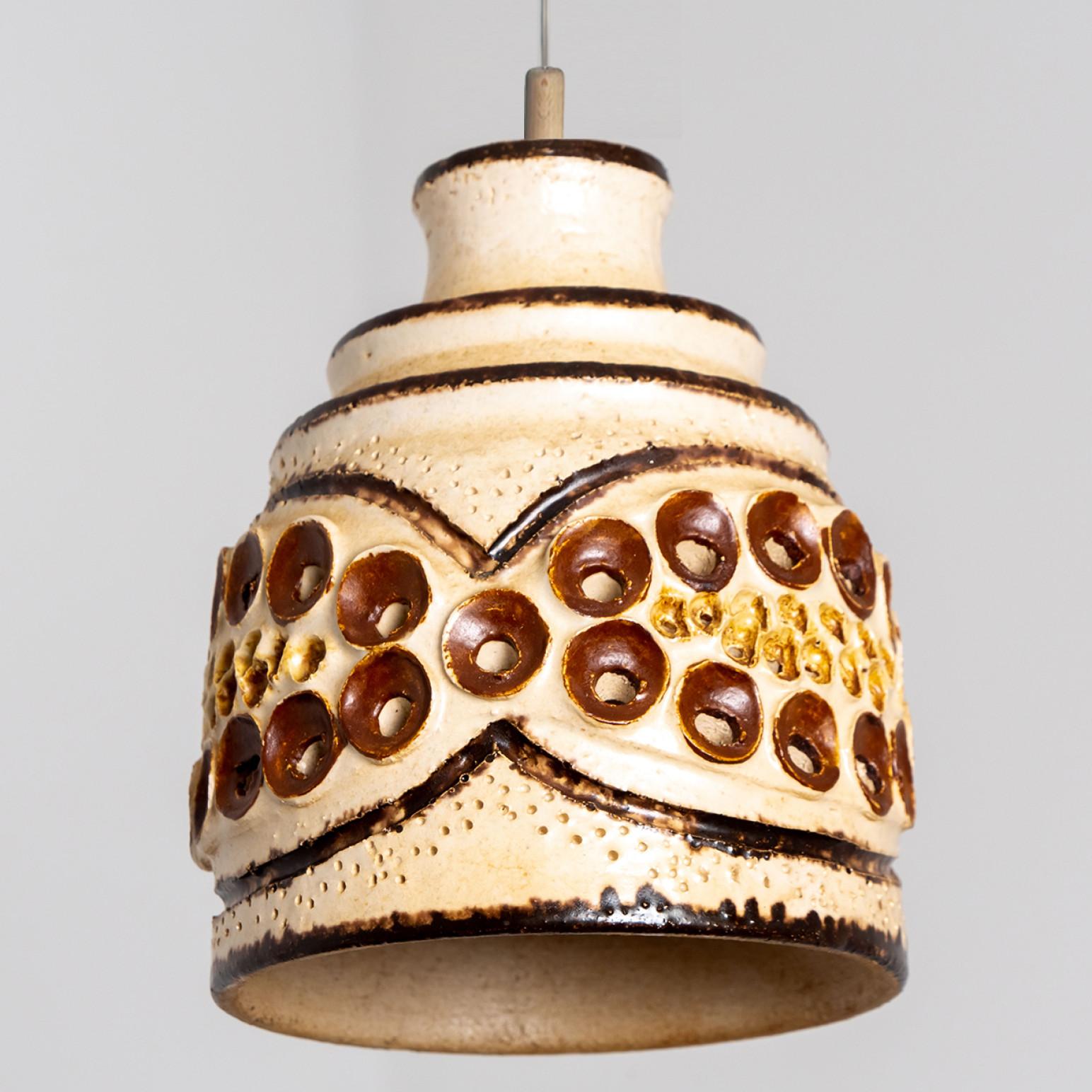 Danish 1 of 3 Ceramic Brown Beige Ceramic Pendant Lights, Denmark, 1970 For Sale