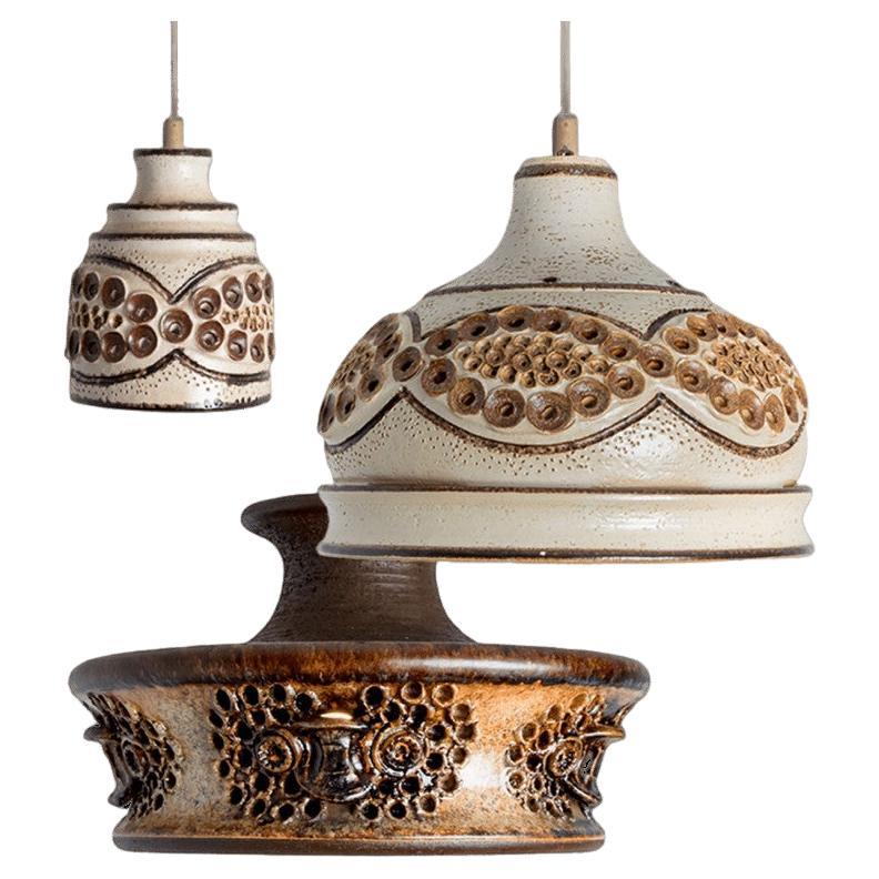 1 of 3 Ceramic Brown Beige Ceramic Pendant Lights, Denmark, 1970