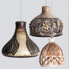 1 of 3 Ceramic Brown Beige Pendants, Denmark 1960s