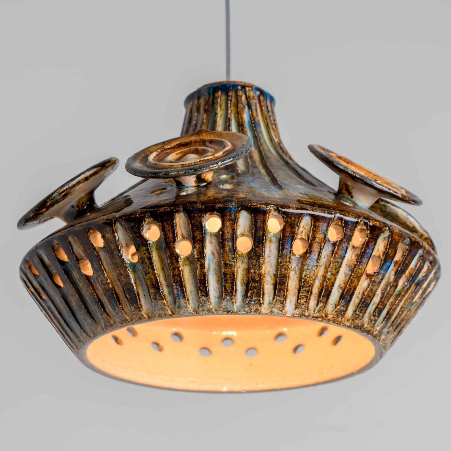 1 of 3 Ceramic Cognac Brown Ceramic Pendant Lights, Denmark, 1970 For Sale 8