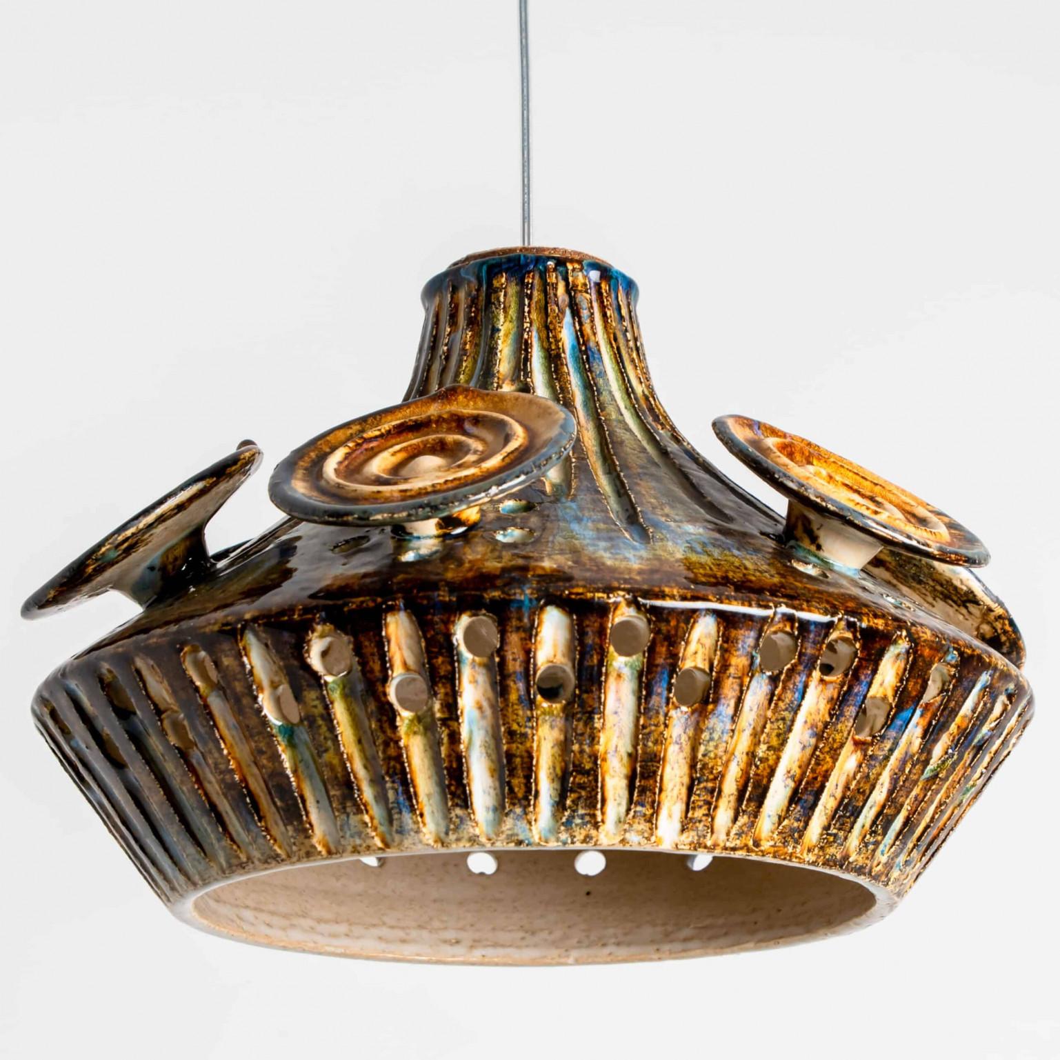 1 of 3 Ceramic Cognac Brown Ceramic Pendant Lights, Denmark, 1970 For Sale 9