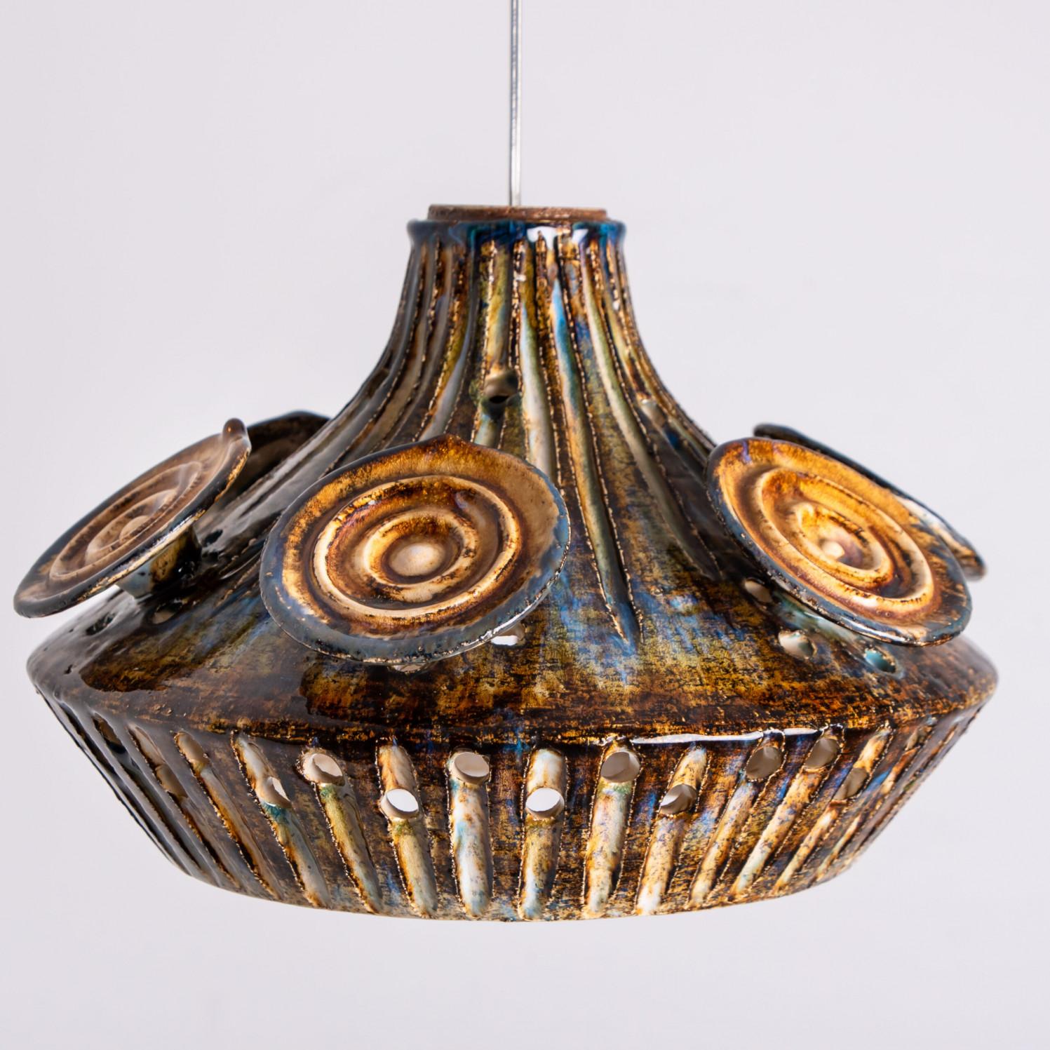 Other 1 of 3 Ceramic Cognac Brown Ceramic Pendant Lights, Denmark, 1970 For Sale