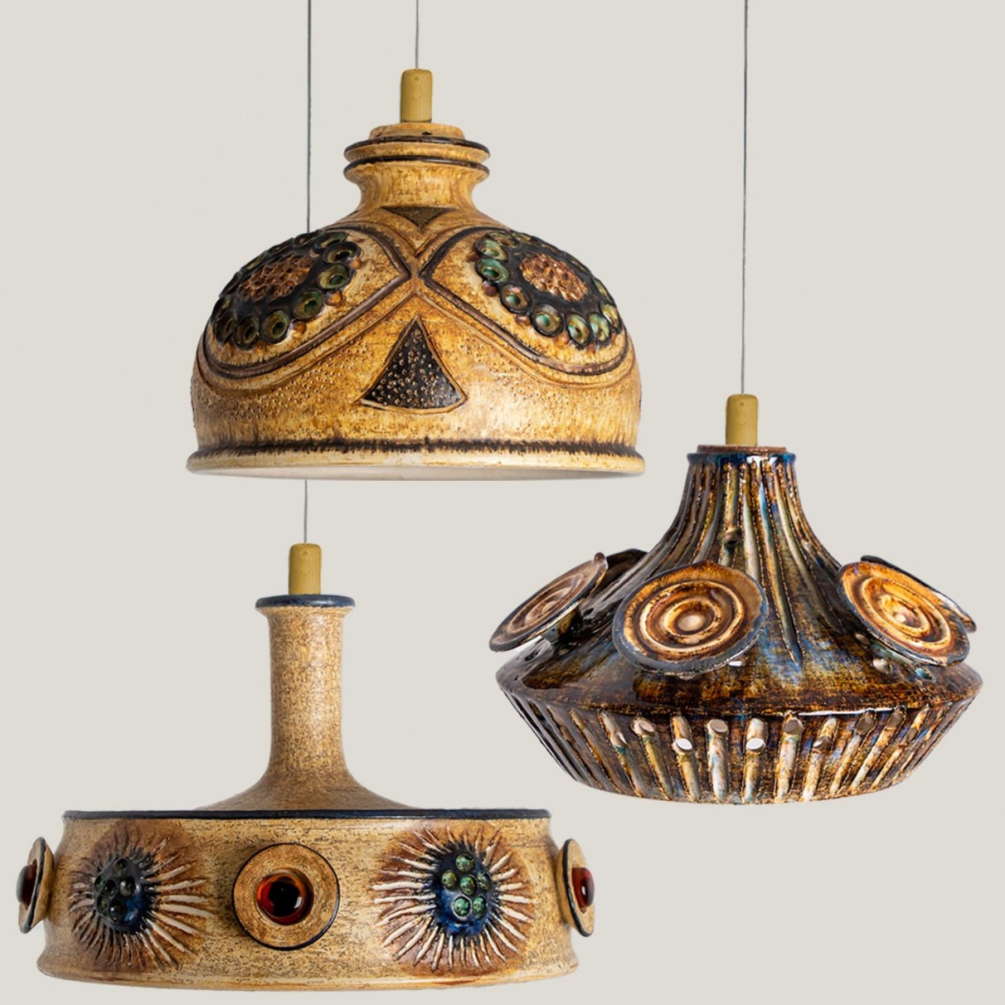 Danish 1 of 3 Ceramic Cognac Brown Ceramic Pendant Lights, Denmark, 1970 For Sale