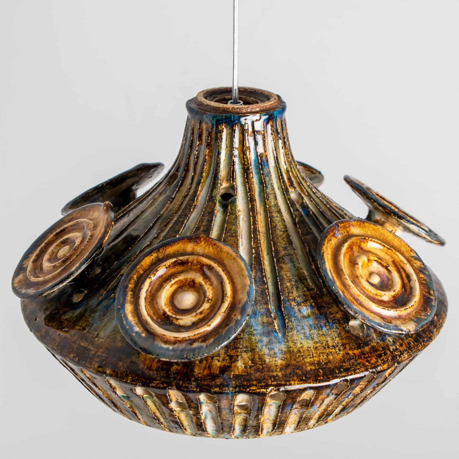 1 of 3 Ceramic Cognac Brown Ceramic Pendant Lights, Denmark, 1970 For Sale 2