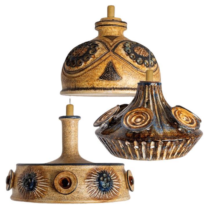 1 of 3 Ceramic Cognac Brown Ceramic Pendant Lights, Denmark, 1970