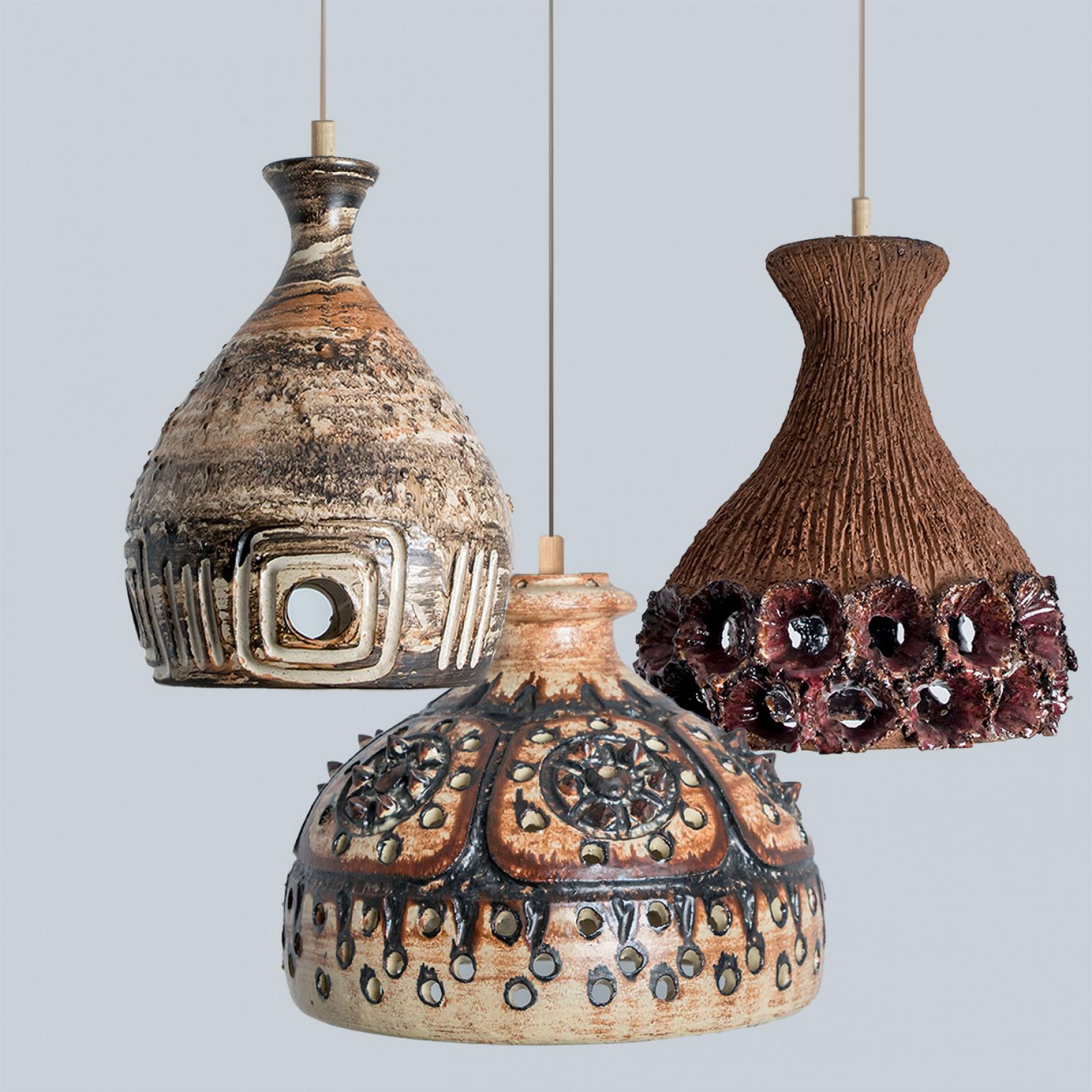 Other 1 of 3 Cone Brown Ceramic Pendant Lights, Denmark, 1970 For Sale