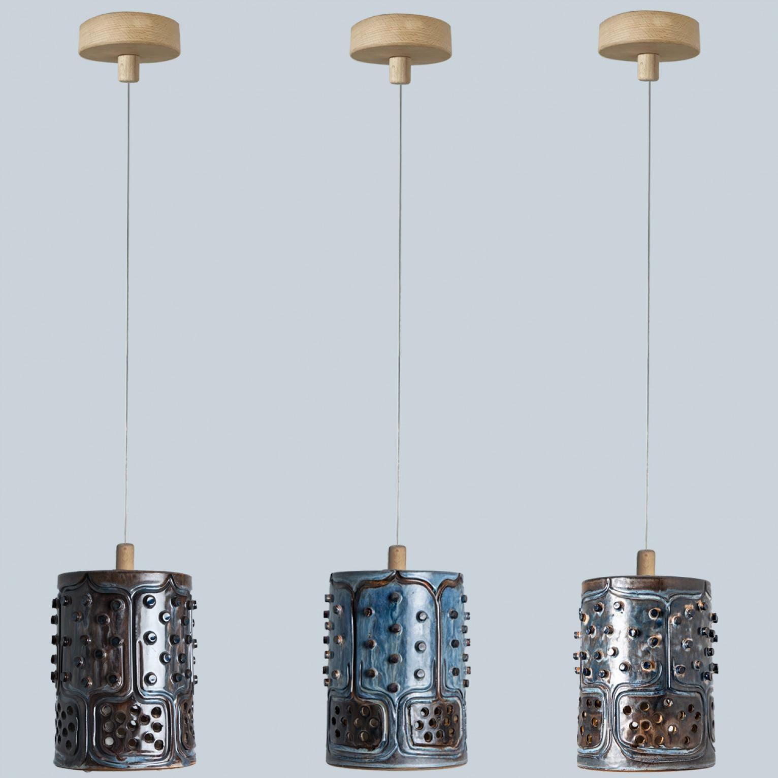 1 of 3 Cylinder Blue Brown Ceramic Pendant Lights, Denmark, 1970 For Sale 3
