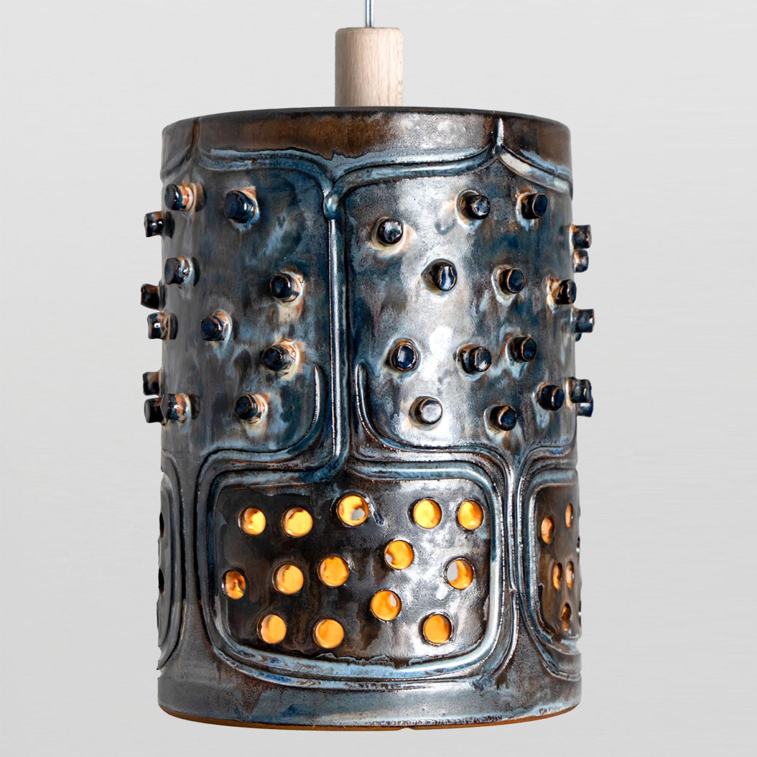1 of 3 Cylinder Blue Brown Ceramic Pendant Lights, Denmark, 1970 For Sale 5