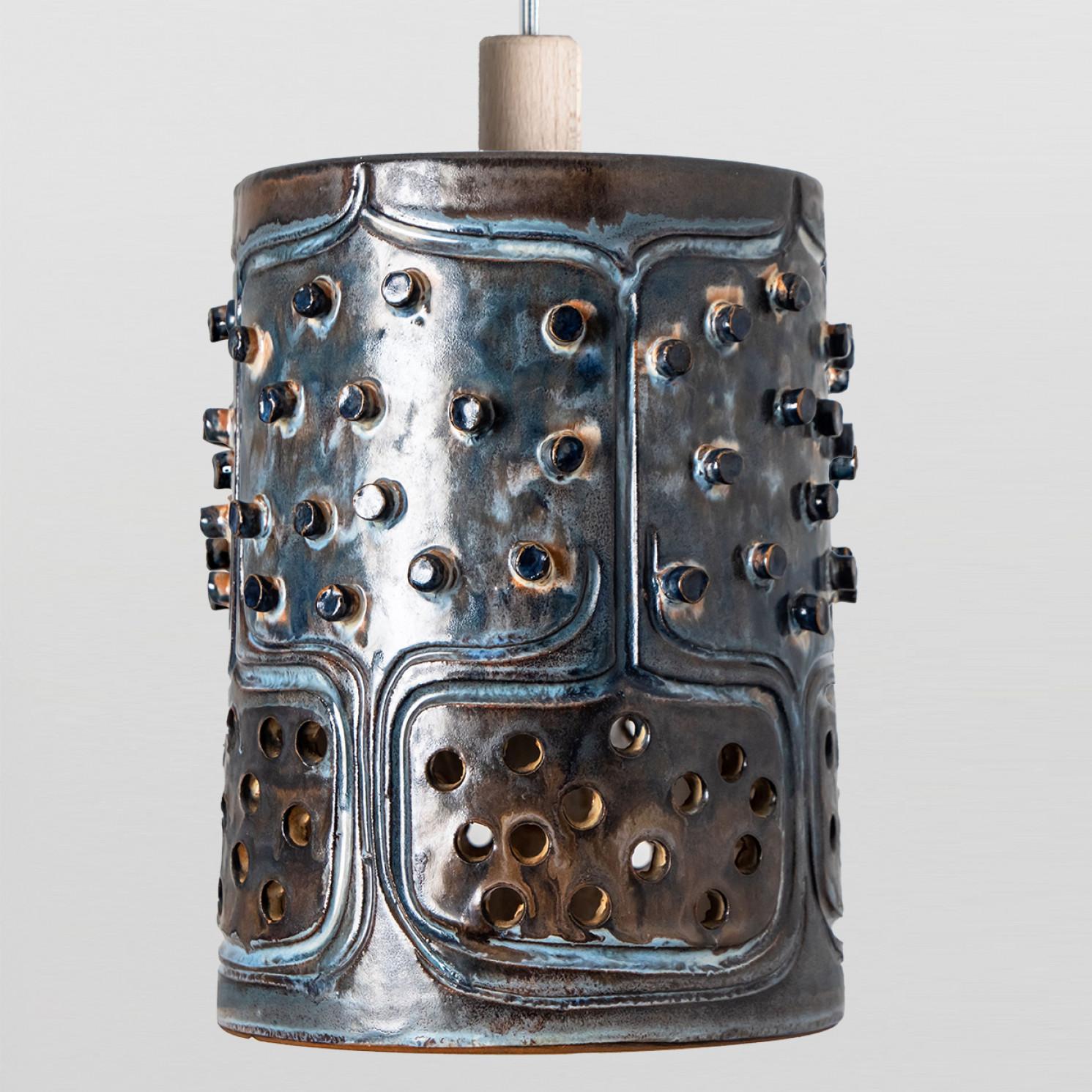 1 of 3 Cylinder Blue Brown Ceramic Pendant Lights, Denmark, 1970 For Sale 7