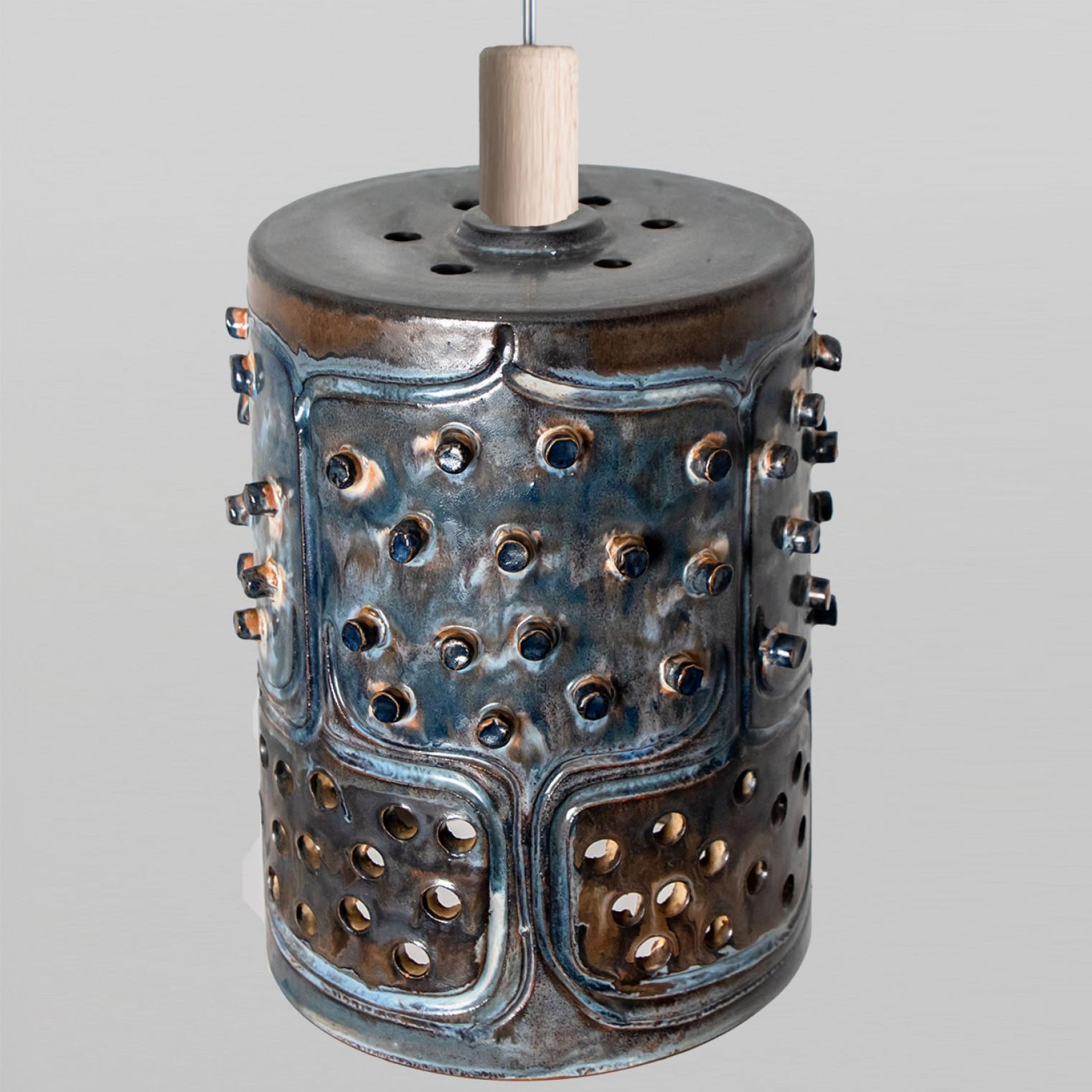 1 of 3 Cylinder Blue Brown Ceramic Pendant Lights, Denmark, 1970 For Sale 8