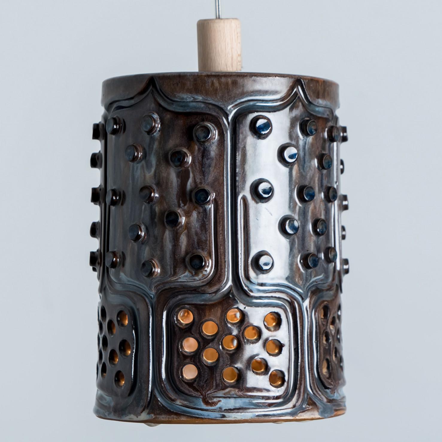 1 of 3 Cylinder Blue Brown Ceramic Pendant Lights, Denmark, 1970 For Sale 9