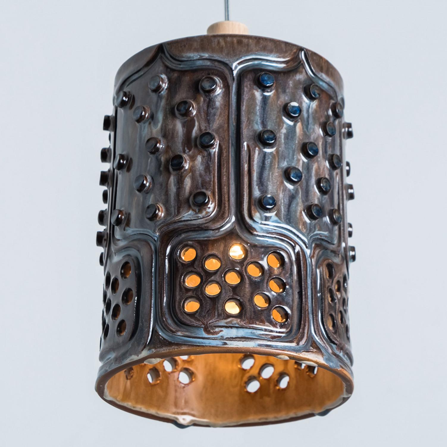 1 of 3 Cylinder Blue Brown Ceramic Pendant Lights, Denmark, 1970 For Sale 10