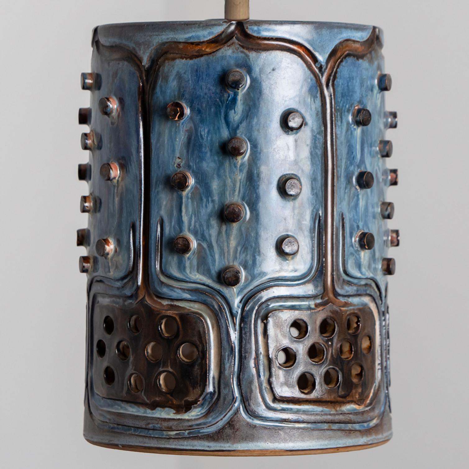Other 1 of 3 Cylinder Blue Brown Ceramic Pendant Lights, Denmark, 1970 For Sale