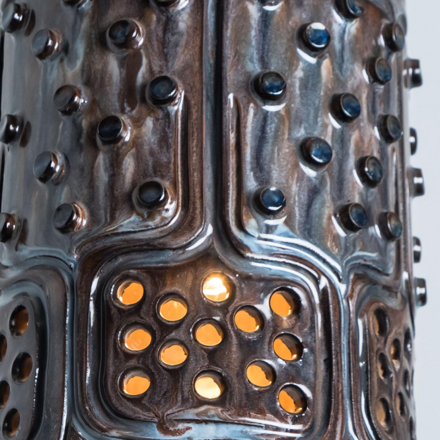 Danish 1 of 3 Cylinder Blue Brown Ceramic Pendant Lights, Denmark, 1970 For Sale