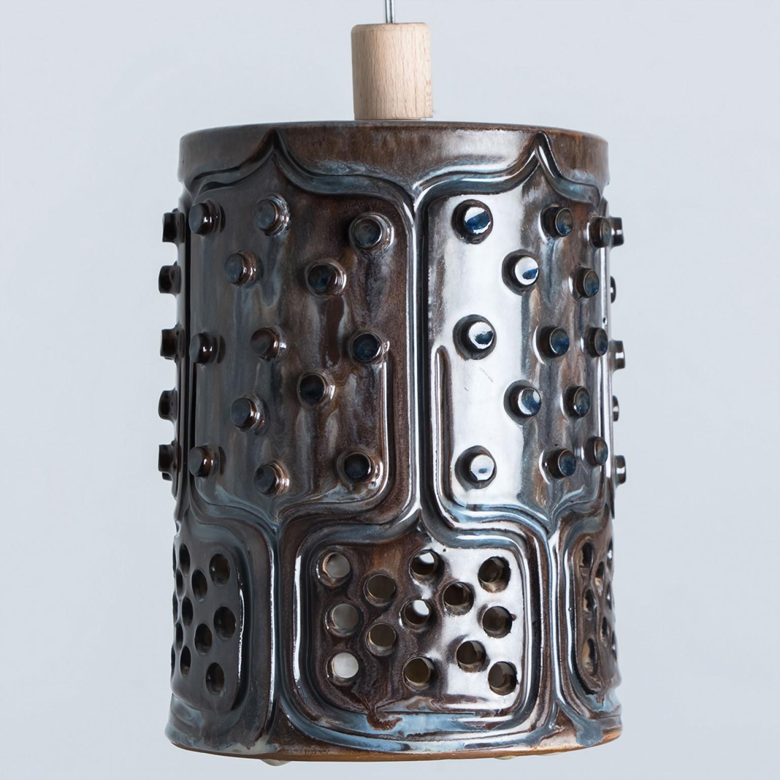 Other 1 of 3 Cylinder Blue Brown Ceramic Pendant Lights, Denmark, 1970 For Sale