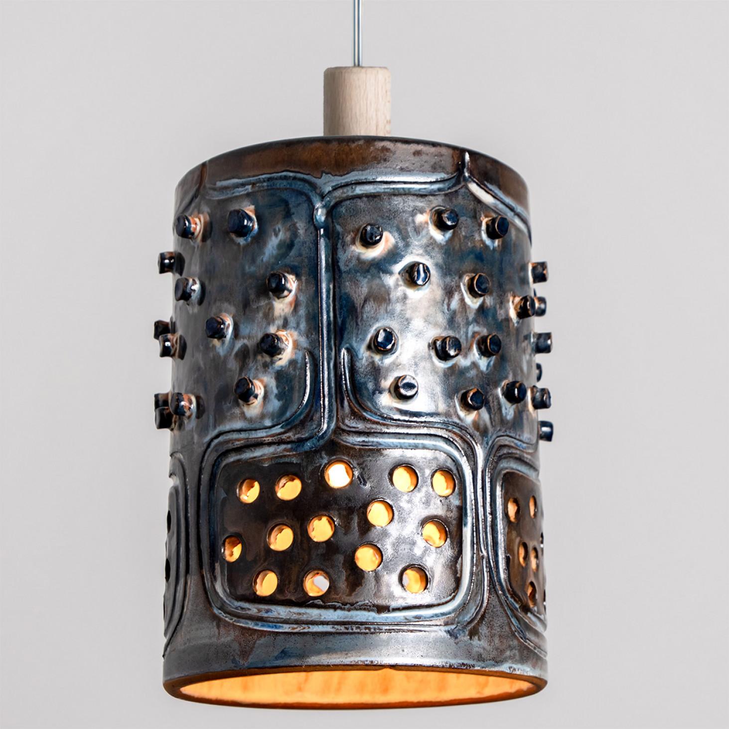 1 of 3 Cylinder Blue Brown Ceramic Pendant Lights, Denmark, 1970 In Good Condition For Sale In Rijssen, NL