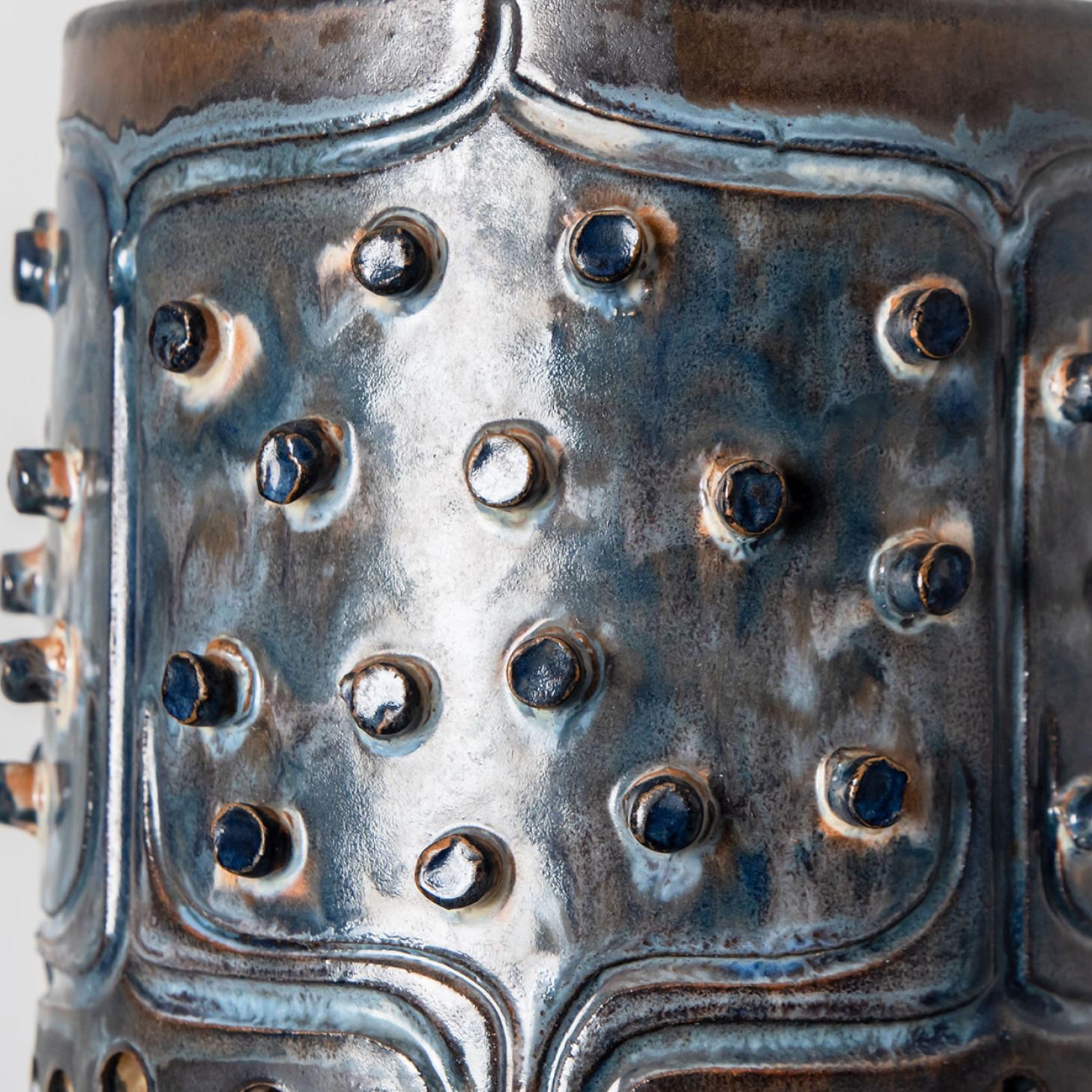 Late 20th Century 1 of 3 Cylinder Blue Brown Ceramic Pendant Lights, Denmark, 1970 For Sale