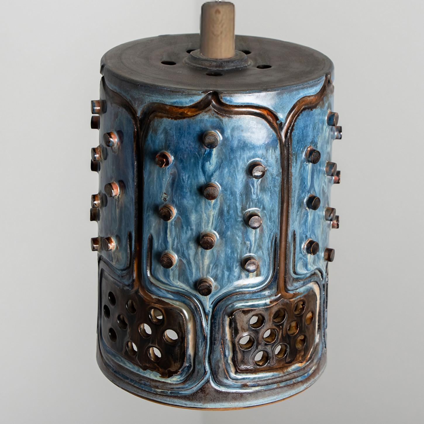 1 of 3 Cylinder Blue Brown Ceramic Pendant Lights, Denmark, 1970 For Sale 1