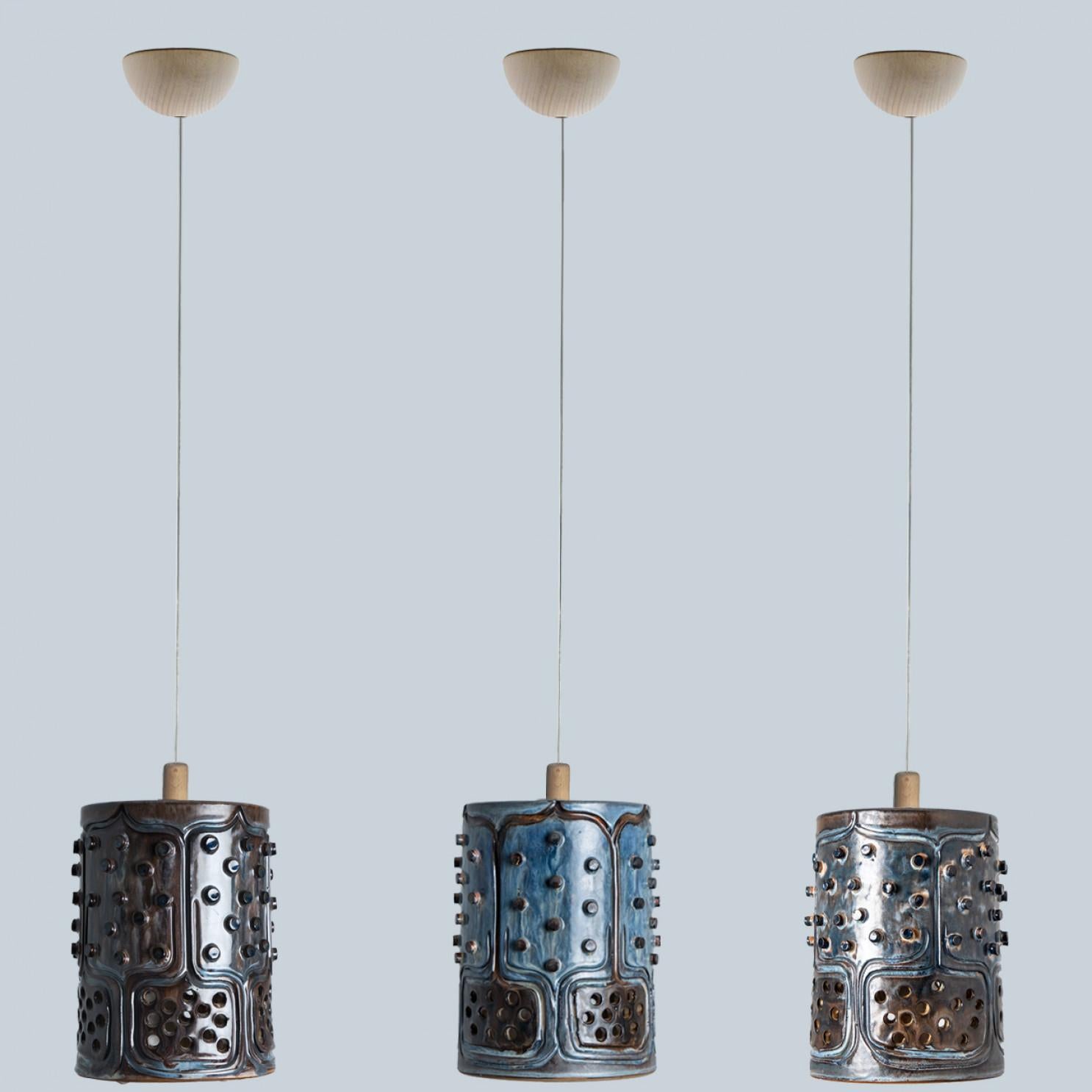1 of 3 Cylinder Blue Brown Ceramic Pendant Lights, Denmark, 1970 For Sale 2