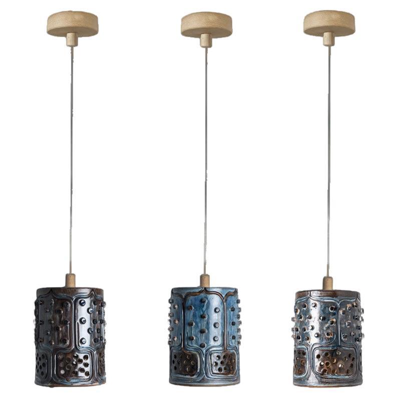 1 of 3 Cylinder Blue Brown Ceramic Pendant Lights, Denmark, 1970