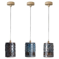 1 of 3 Cylinder Blue Brown Ceramic Pendant Lights, Denmark, 1970