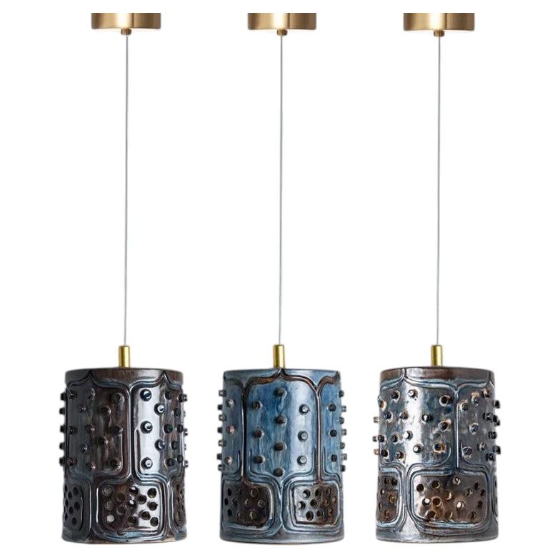 1 of 3 Cylinder Blue Brown Ceramic Pendant Lights, Denmark, 1970