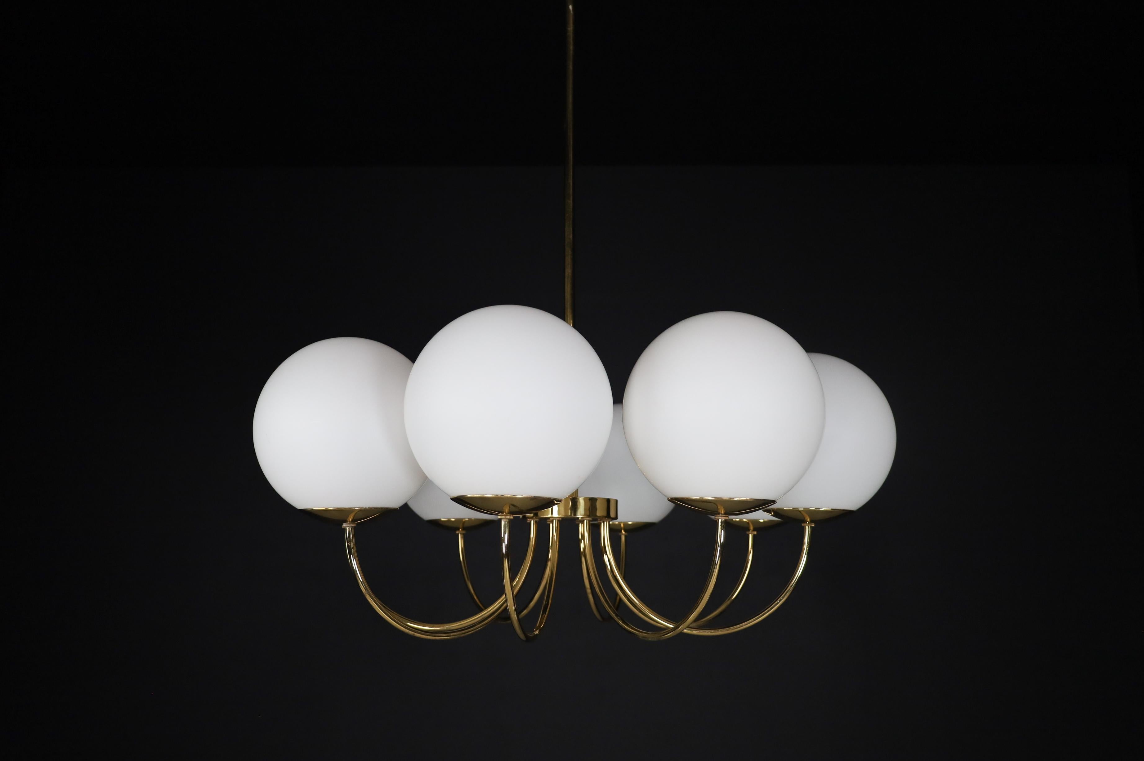 1 of 3 Elegant Chandeliers with Brass Fixture and Opaline Glass Globes, 1960s For Sale 4