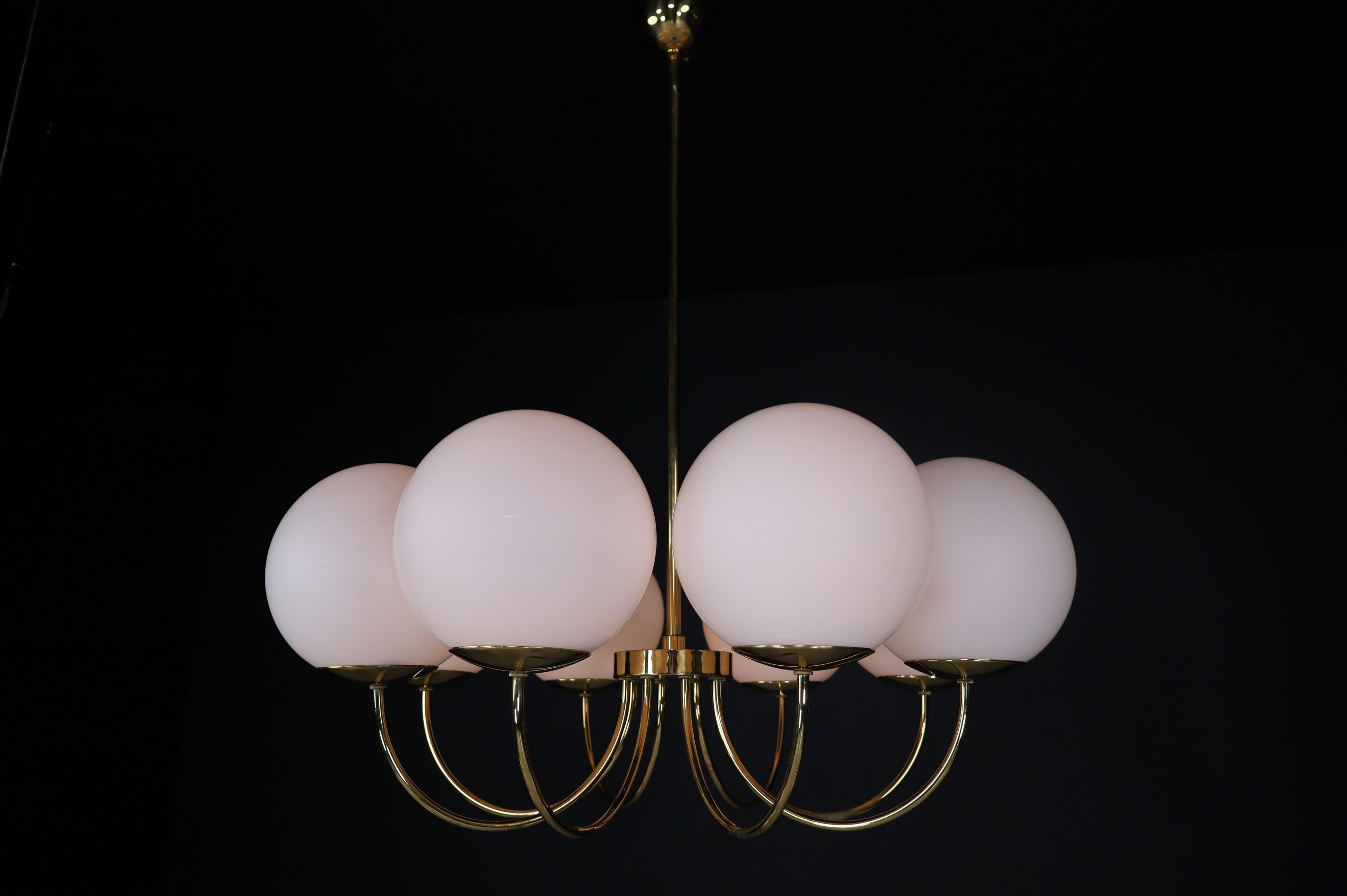 1 of 3 Elegant Chandeliers with Brass Fixture and Opaline Glass Globes, 1960s For Sale 5