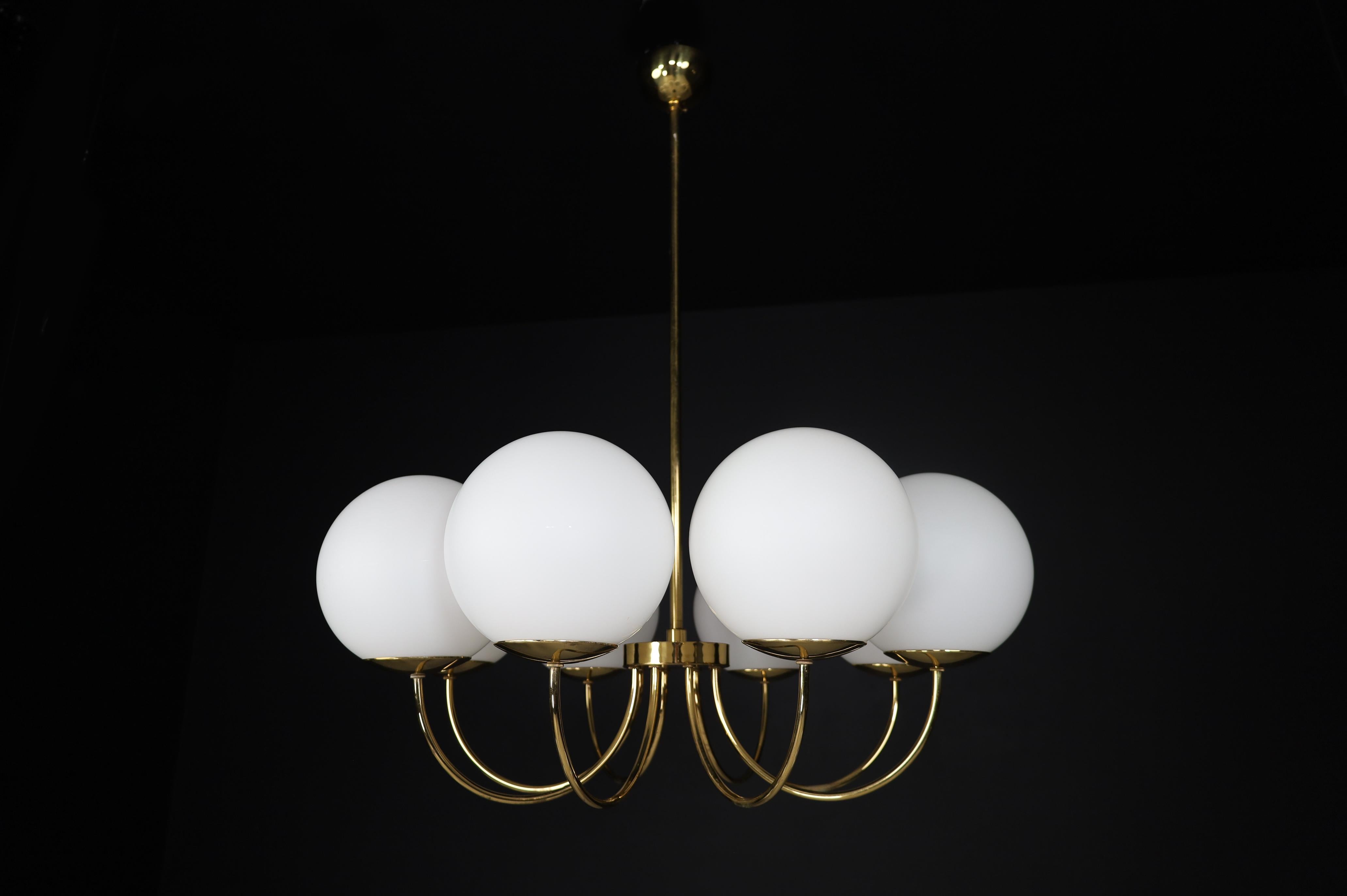1 of 3 Elegant Chandeliers with Brass Fixture and Opaline Glass Globes, 1960s For Sale 6