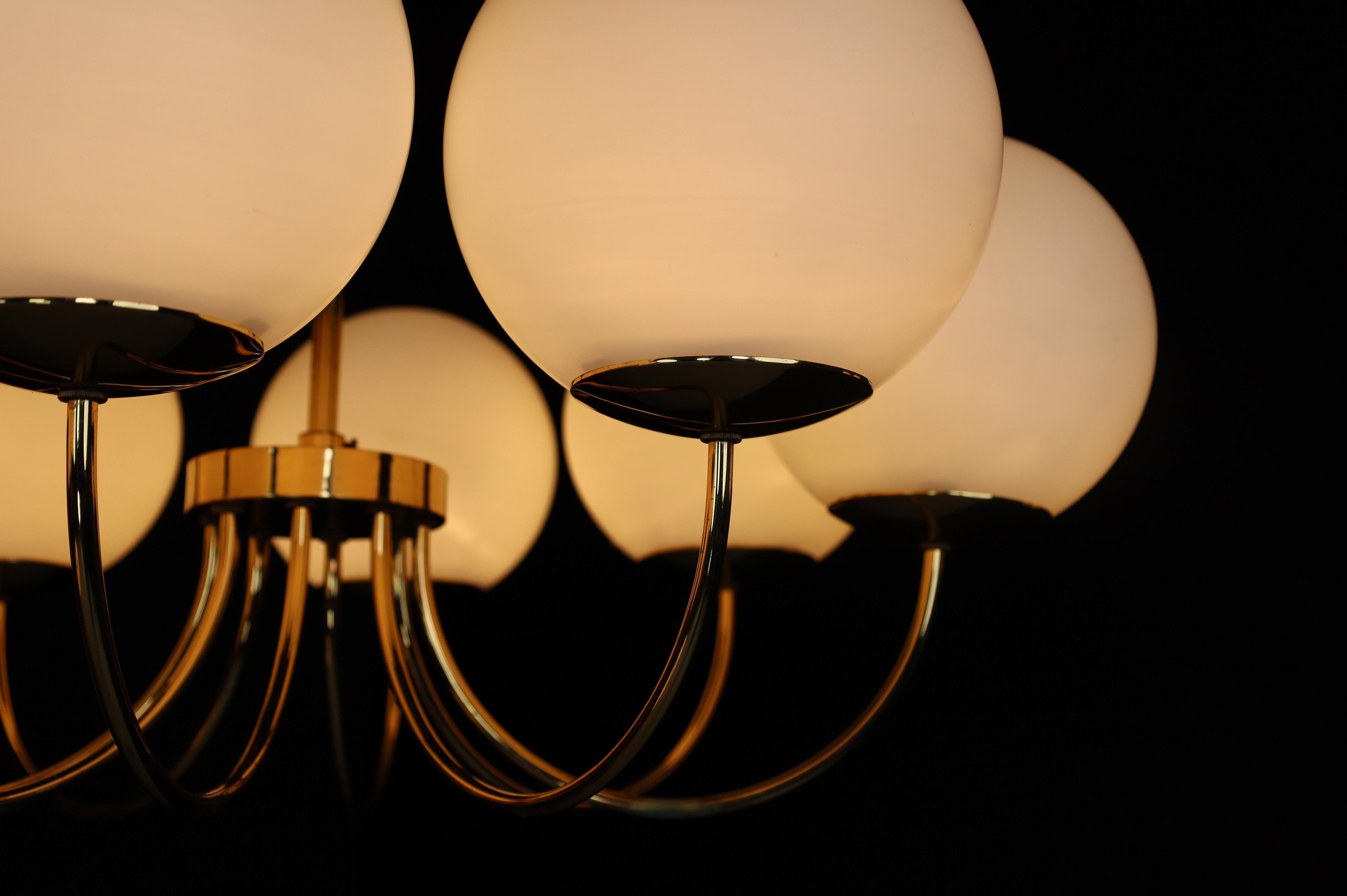 1 of 3 Elegant Chandeliers with Brass Fixture and Opaline Glass Globes, 1960s For Sale 7