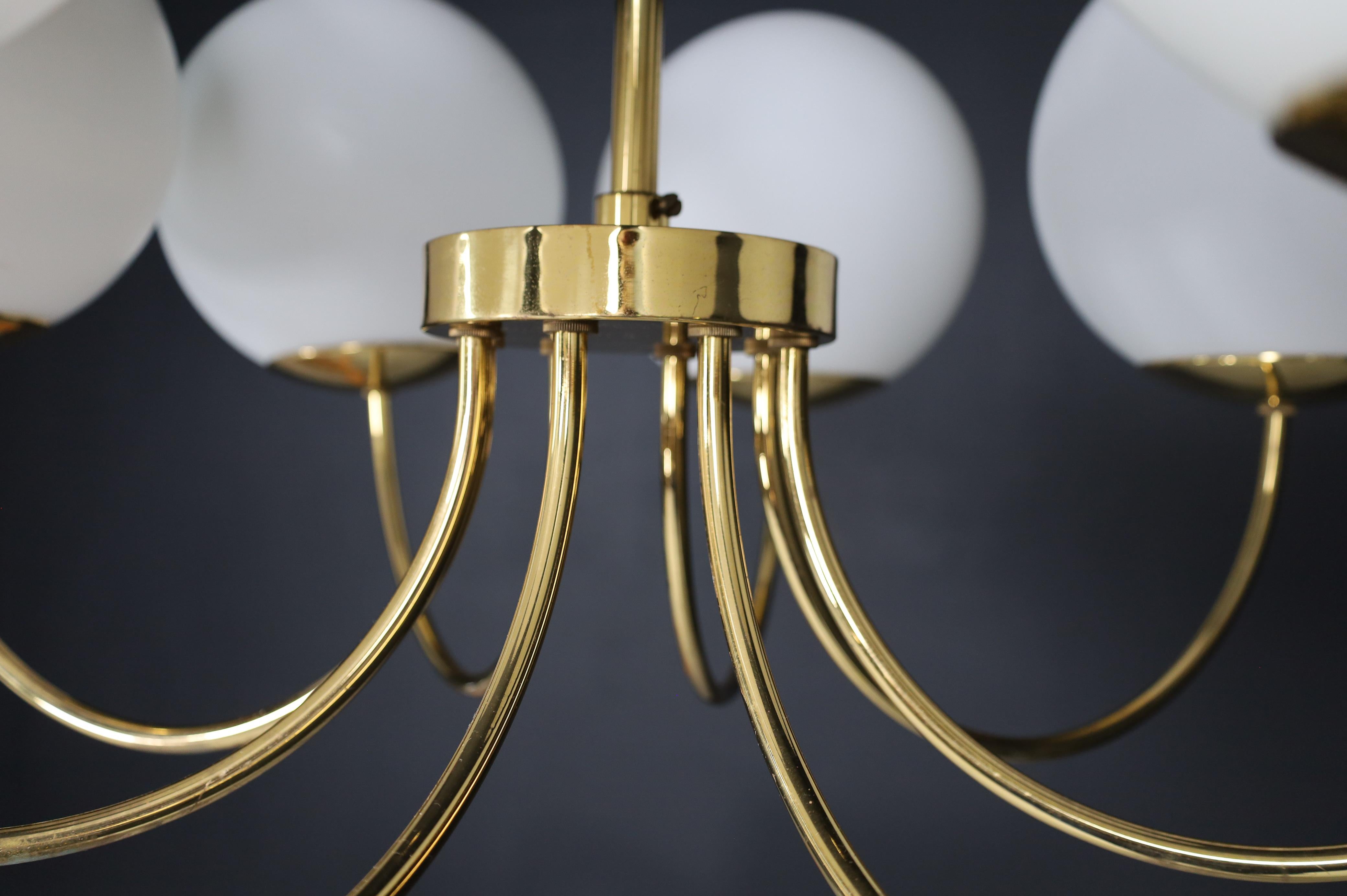 1 of 3 Elegant Chandeliers with Brass Fixture and Opaline Glass Globes, 1960s For Sale 8