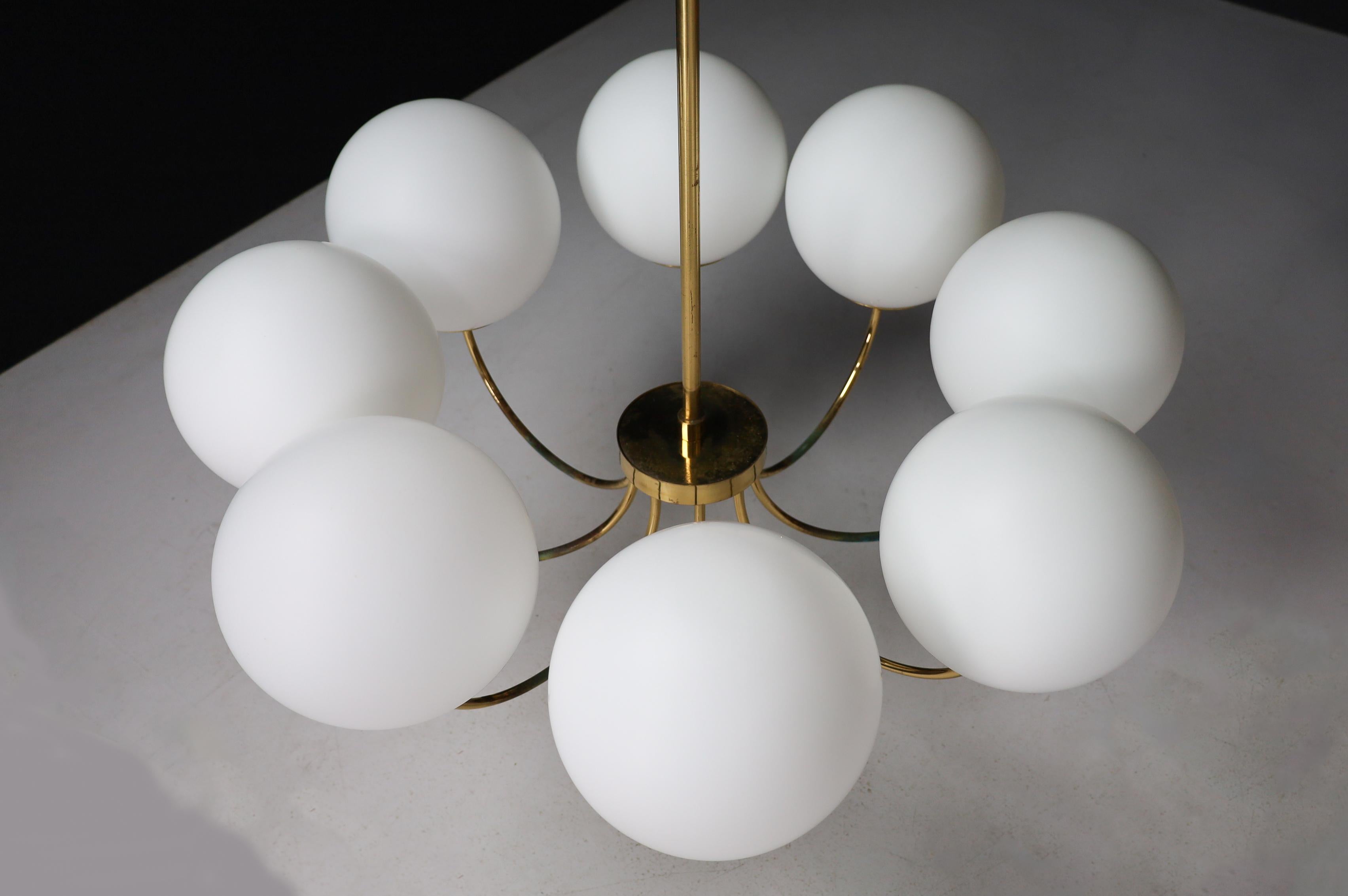 1 of 3 Elegant Chandeliers with Brass Fixture and Opaline Glass Globes, 1960s For Sale 9