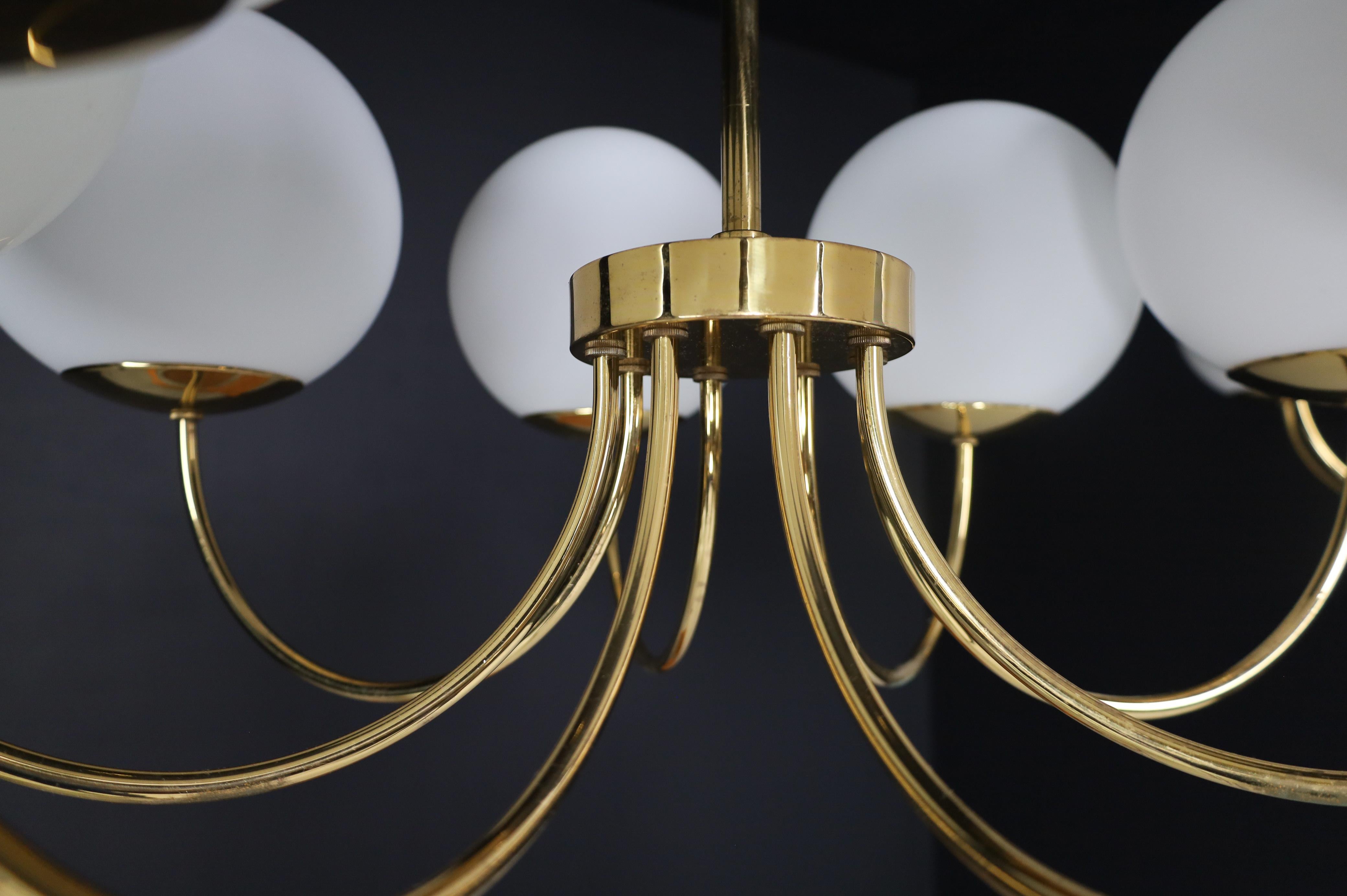 1 of 3 Elegant Chandeliers with Brass Fixture and Opaline Glass Globes, 1960s For Sale 10