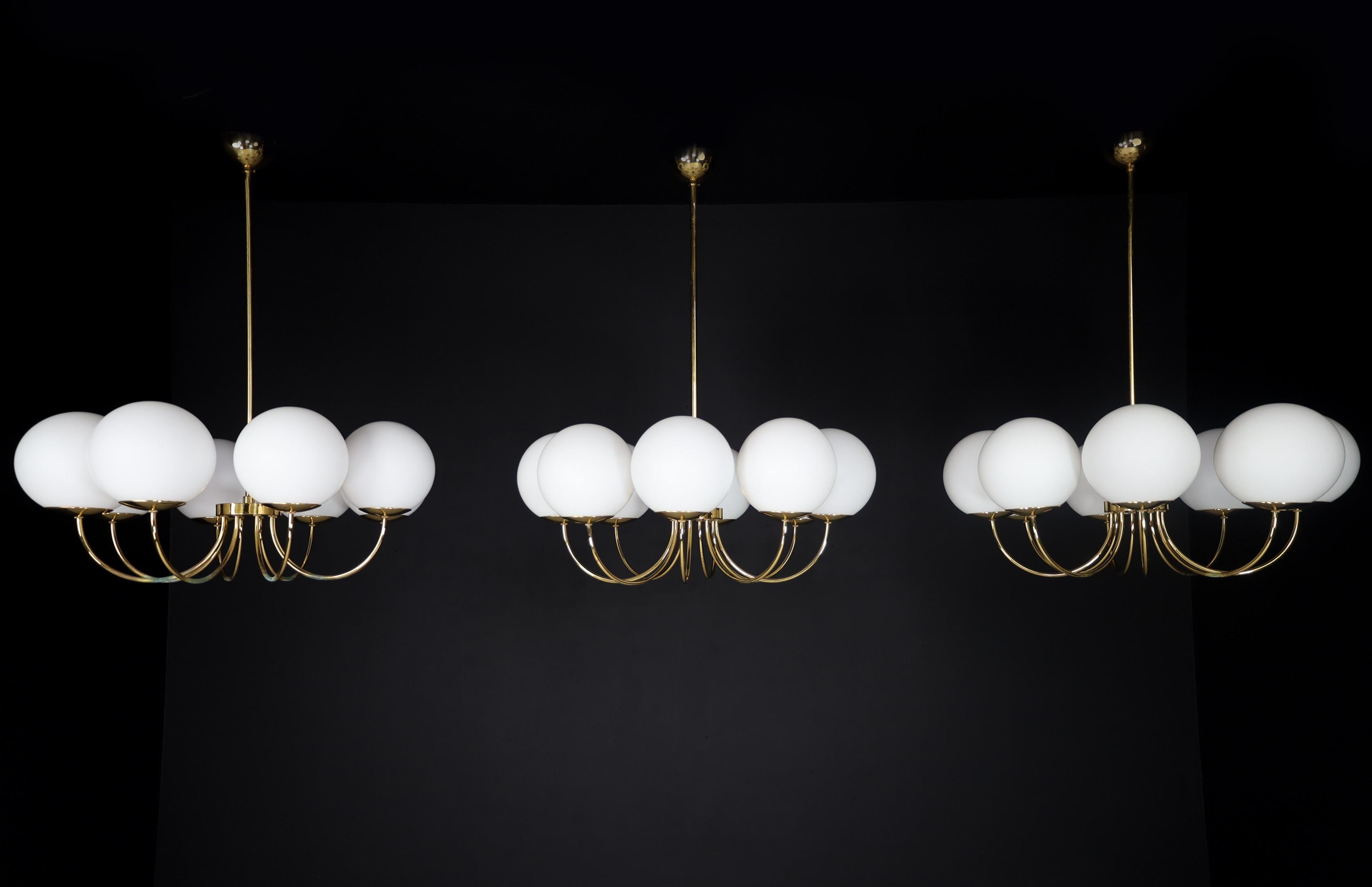 1 of 3 Elegant Chandeliers with Brass Fixture and Opaline Glass Globes, 1960s For Sale 11