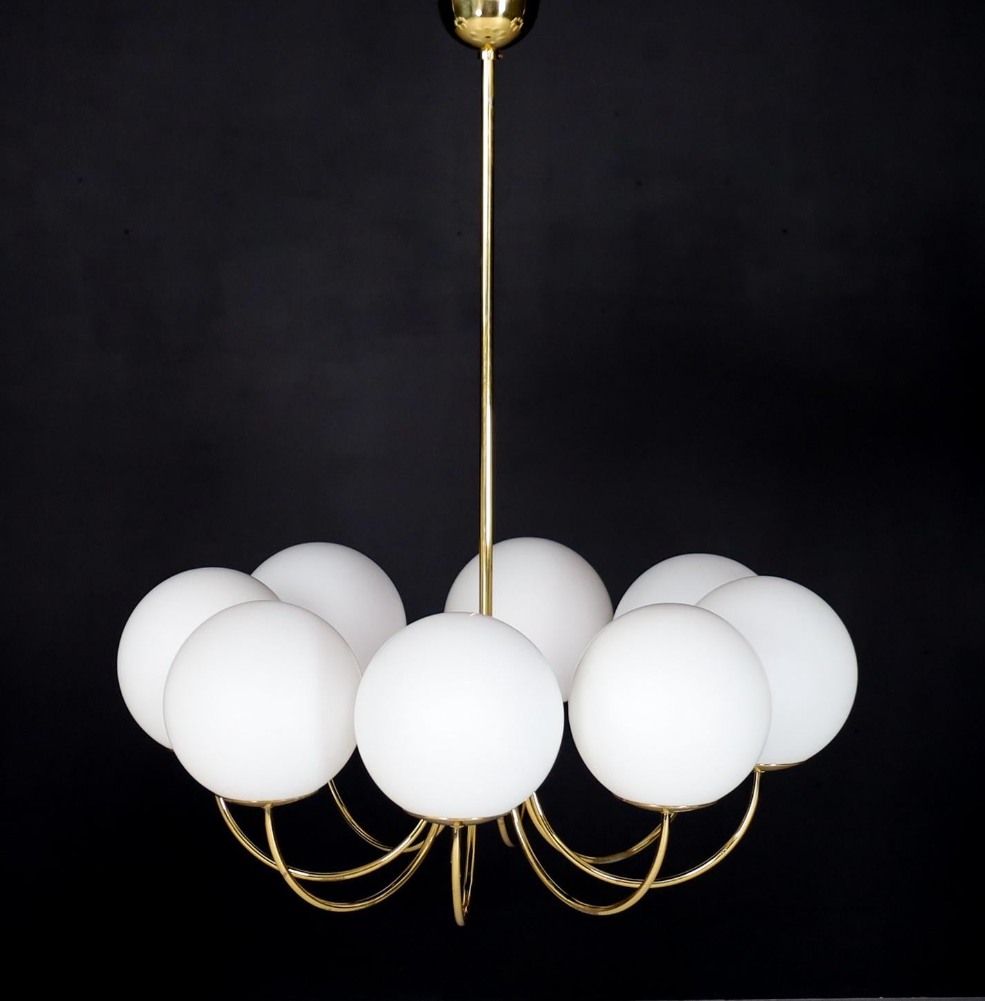 Mid-Century Modern 1 of 3 Elegant Chandeliers with Brass Fixture and Opaline Glass Globes, 1960s For Sale
