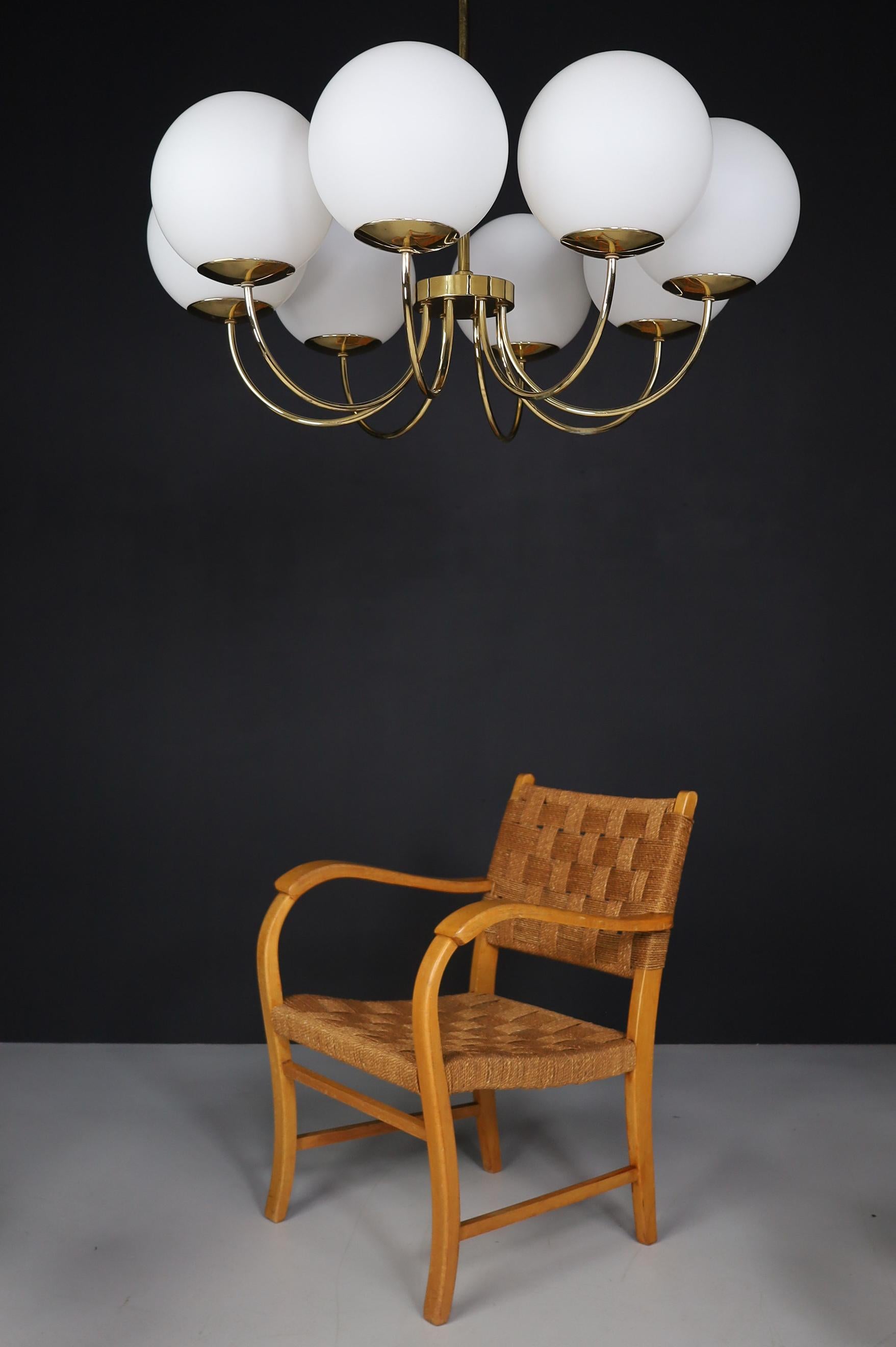 Italian 1 of 3 Elegant Chandeliers with Brass Fixture and Opaline Glass Globes, 1960s For Sale
