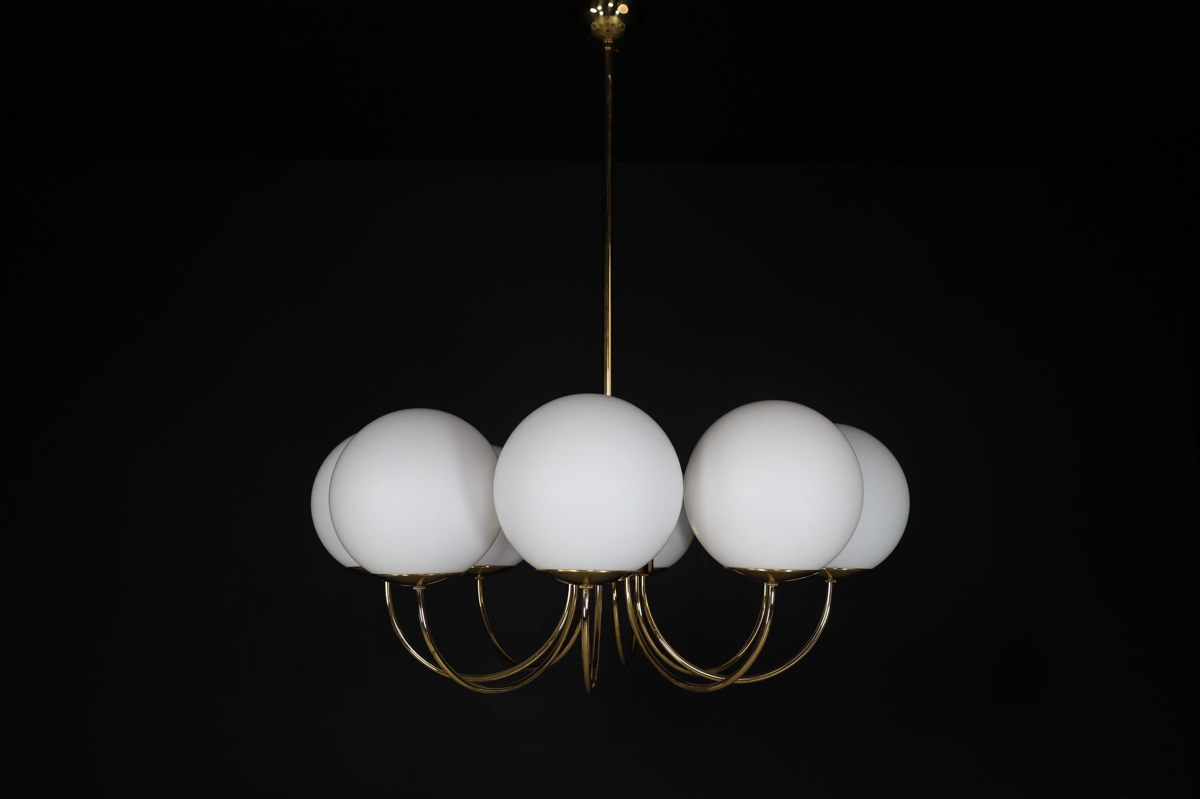 1 of 3 Elegant Chandeliers with Brass Fixture and Opaline Glass Globes, 1960s In Good Condition For Sale In Almelo, NL