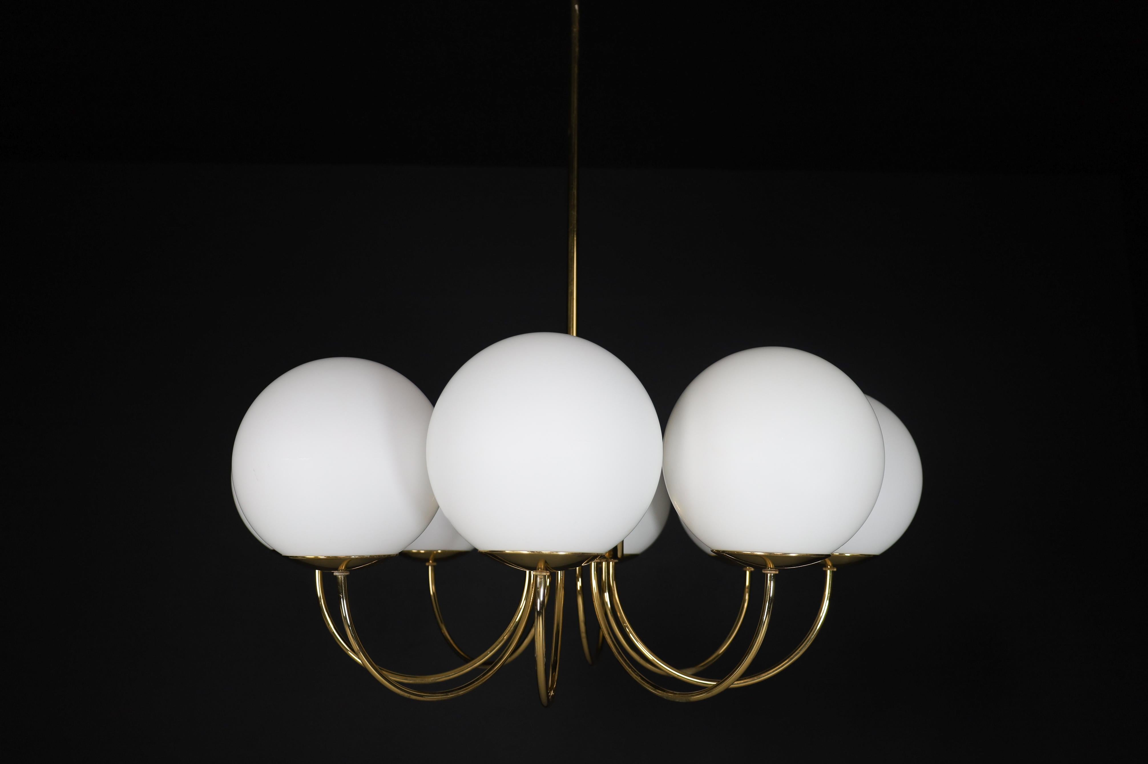 20th Century 1 of 3 Elegant Chandeliers with Brass Fixture and Opaline Glass Globes, 1960s For Sale