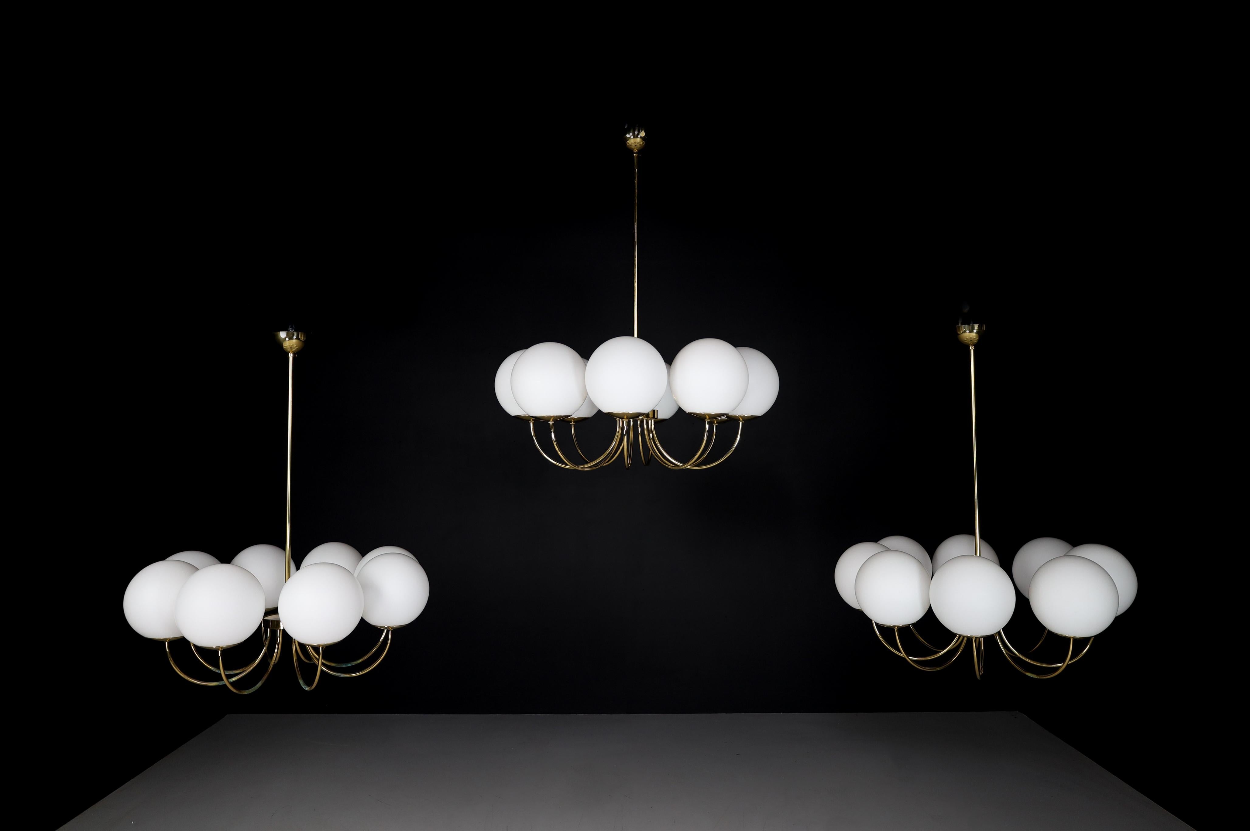 1 of 3 Elegant Chandeliers with Brass Fixture and Opaline Glass Globes, 1960s For Sale 1