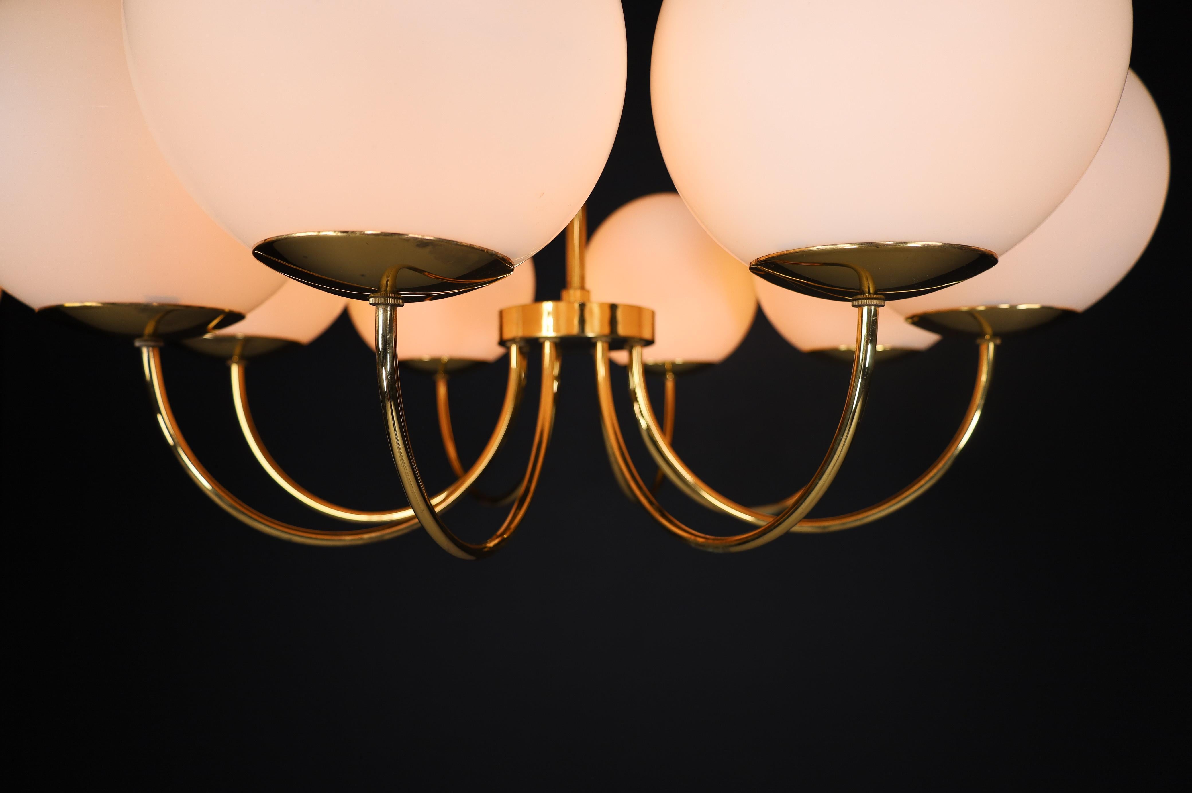 1 of 3 Elegant Chandeliers with Brass Fixture and Opaline Glass Globes, 1960s For Sale 2