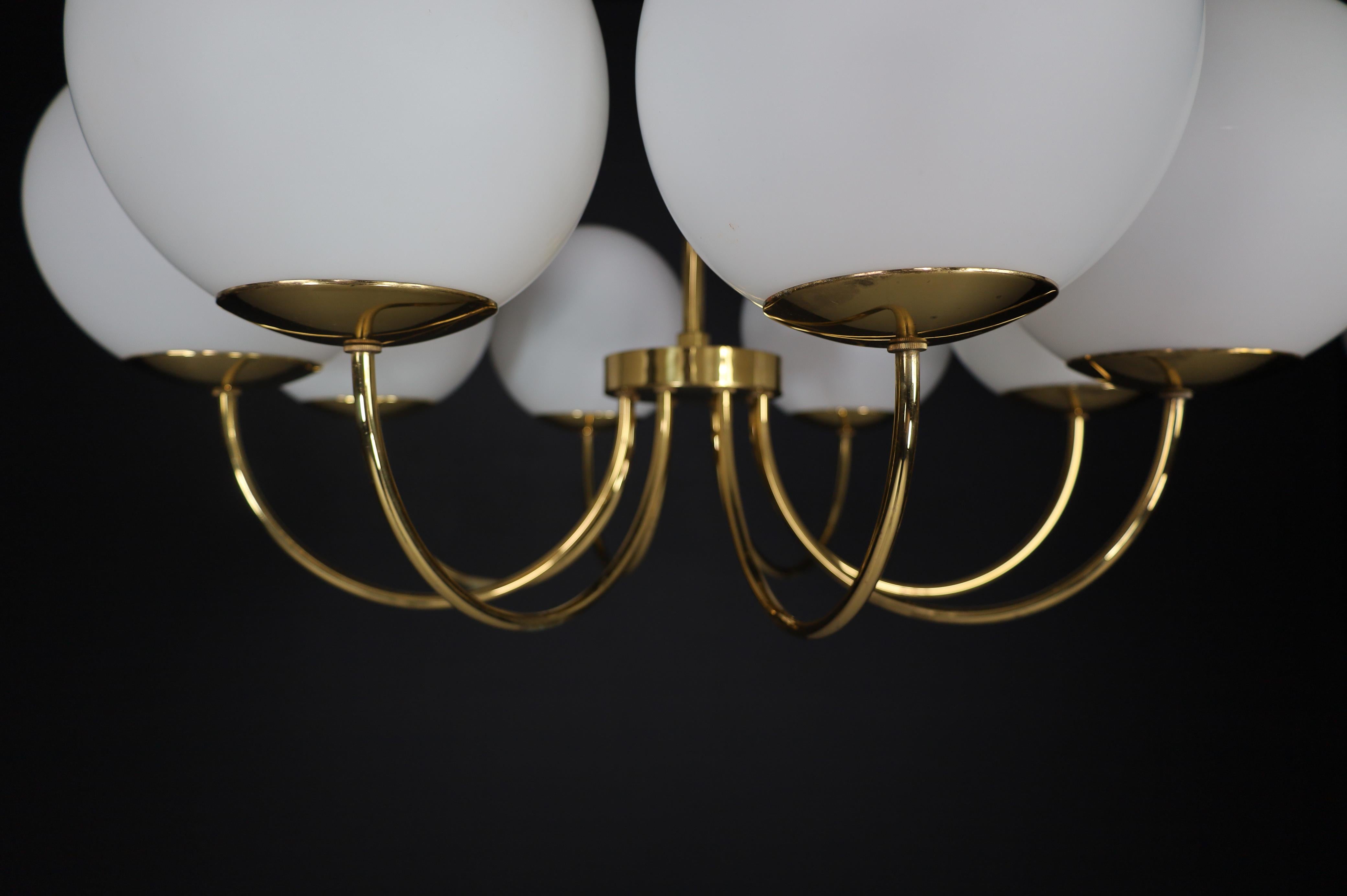 1 of 3 Elegant Chandeliers with Brass Fixture and Opaline Glass Globes, 1960s For Sale 3