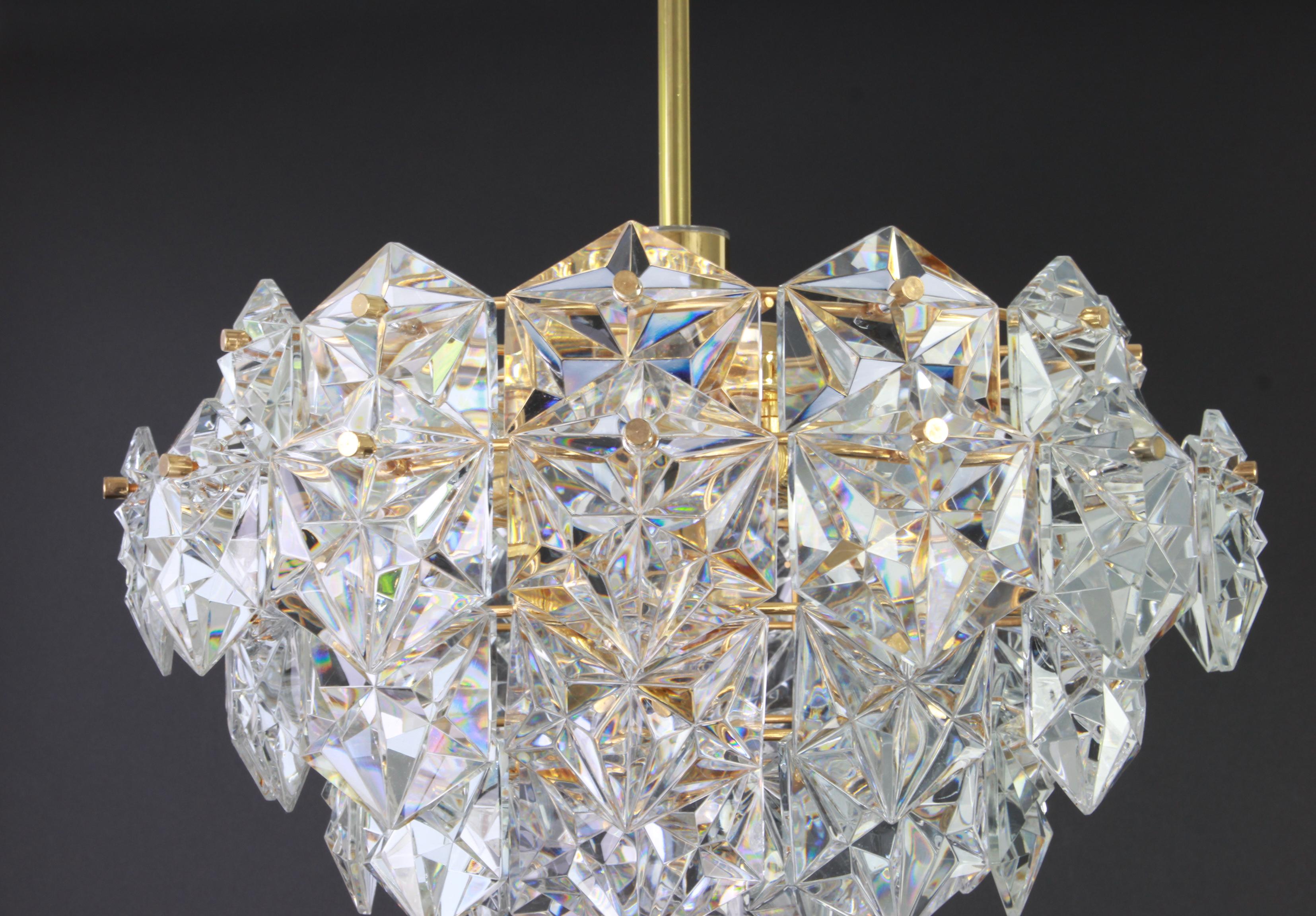 Late 20th Century 1 of 3 Gilt Brass and Crystal Glass Chandelier by Kinkeldey, Germany, 1970s For Sale