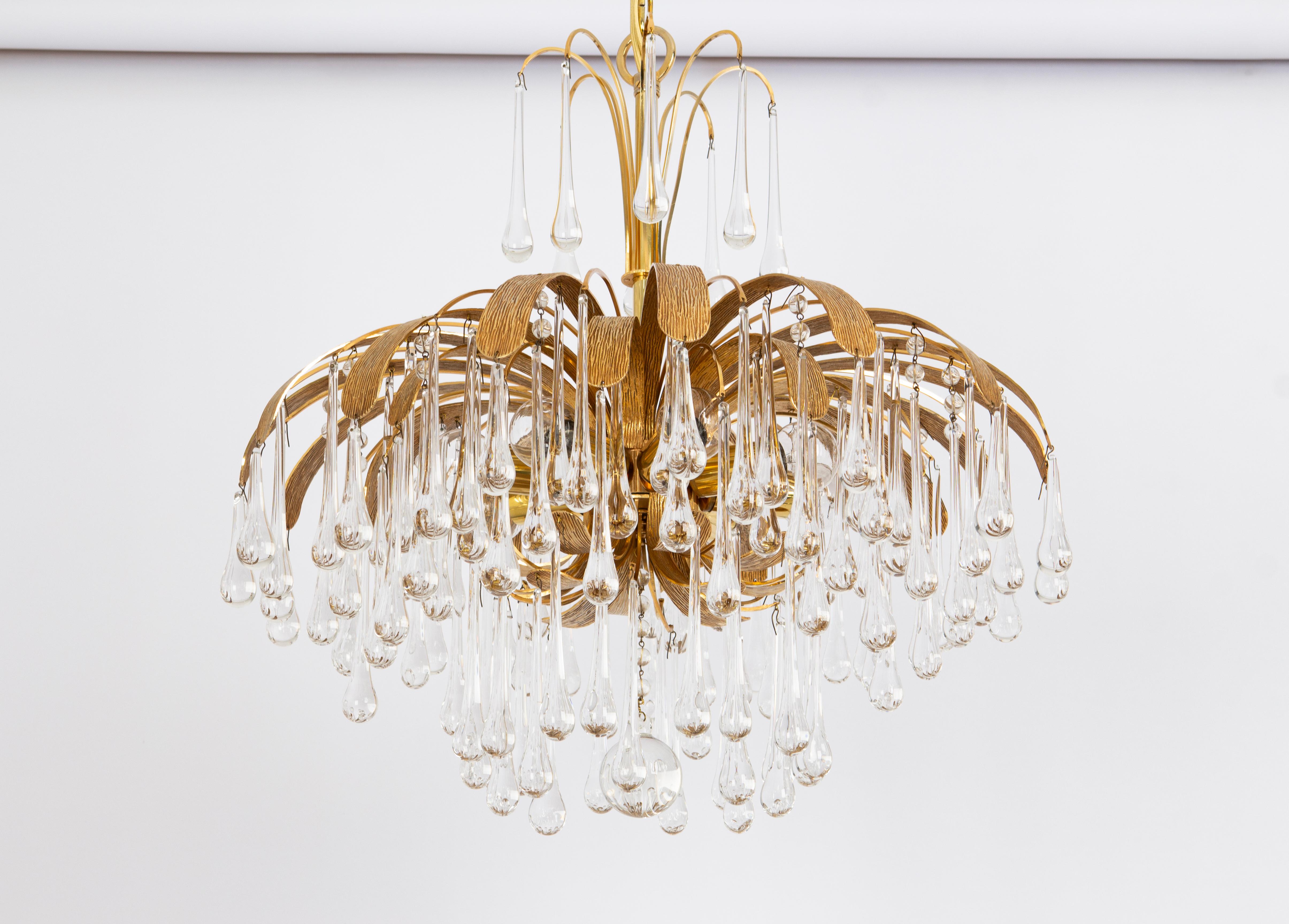 Fine XX secolo 1 of 3 Lampadario a goccia in ottone dorato di Palwa, Sciolari Design, Germania, anni '70 in vendita