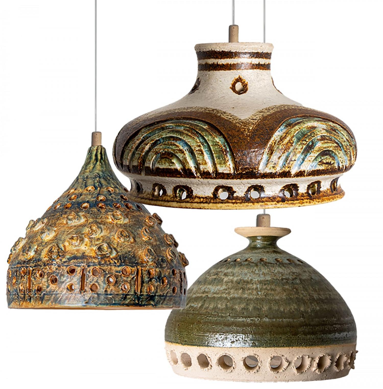 1 of 3 Green Yellow Brown Ceramic Pendant Lights, Denmark, 1970 For Sale 5