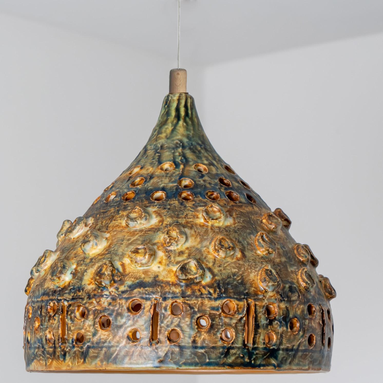 Late 20th Century 1 of 3 Green Yellow Brown Ceramic Pendant Lights, Denmark, 1970 For Sale