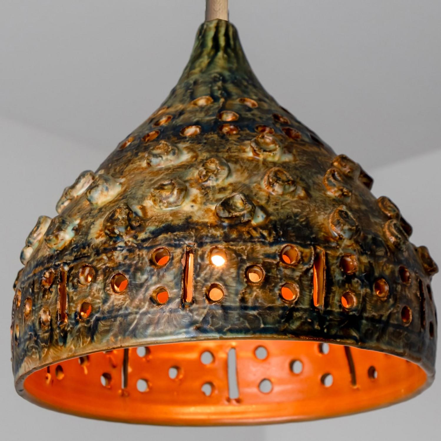Late 20th Century 1 of 3 Green Yellow Brown Ceramic Pendant Lights, Denmark, 1970 For Sale