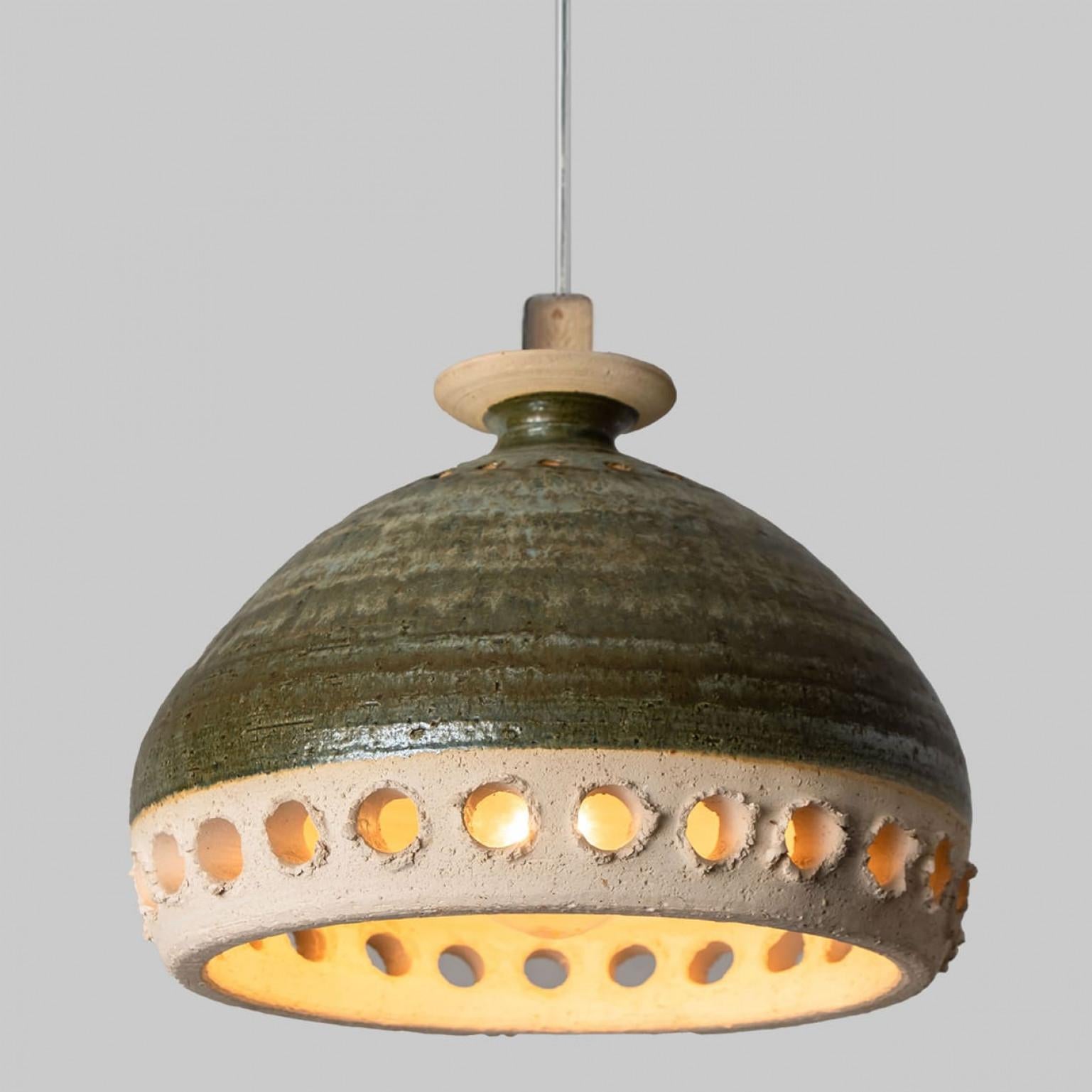 1 of 3 Green Yellow Brown Ceramic Pendant Lights, Denmark, 1970 For Sale 1