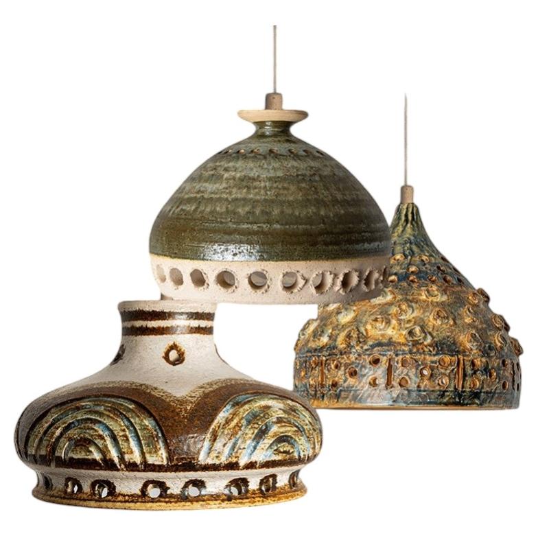 1 of 3 Green Yellow Brown Ceramic Pendant Lights, Denmark, 1970 For Sale